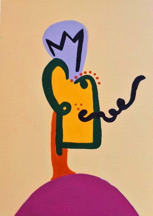 Peinture abstraite représentant un personnage jaune couronné, avec des formes vertes, rouges et violettes sur fond beige.
