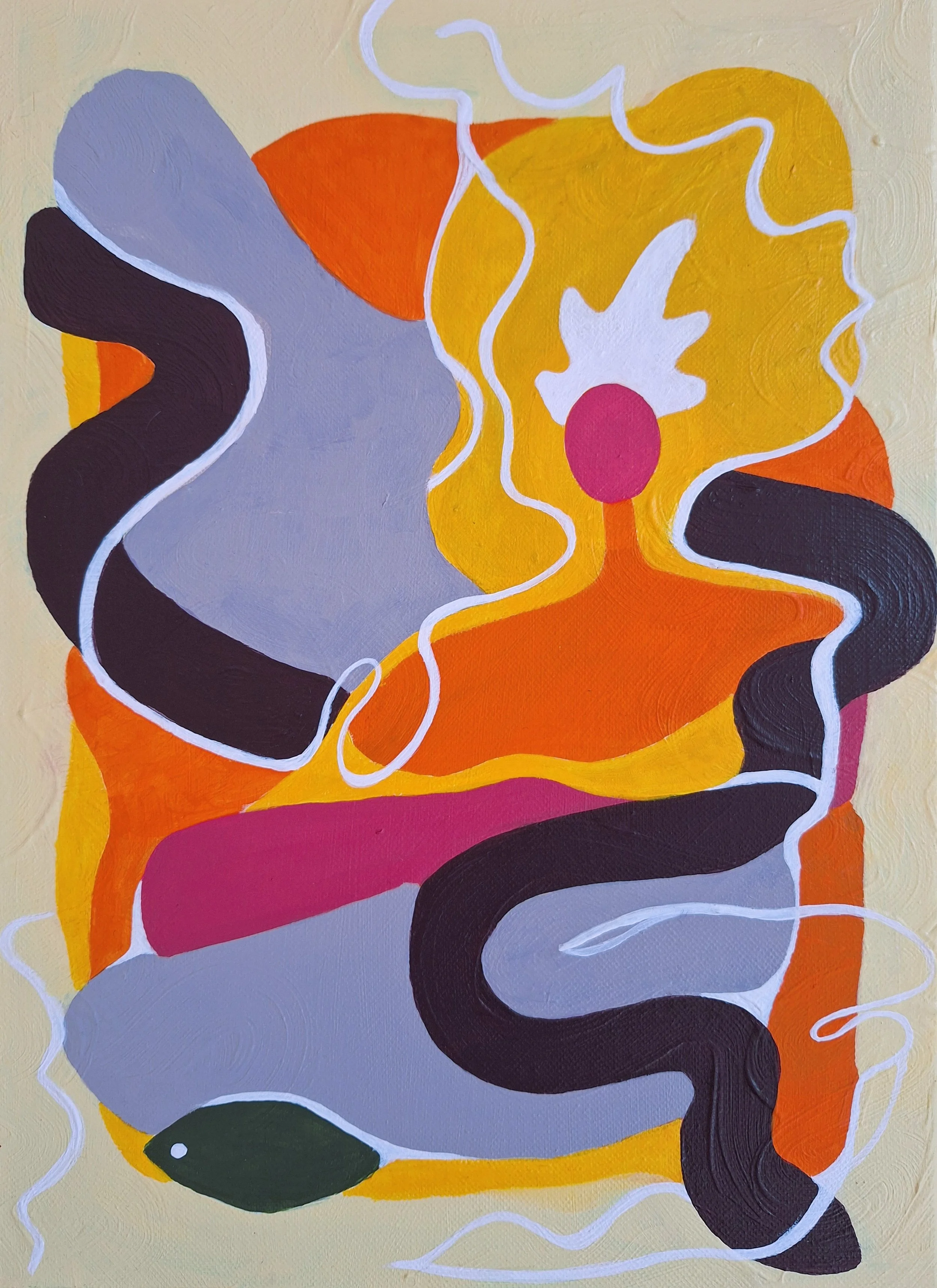 Peinture abstraite colorée représentant un visage stylisé aux formes organiques violettes, orange, jaunes, noires et roses, avec des contours blancs.