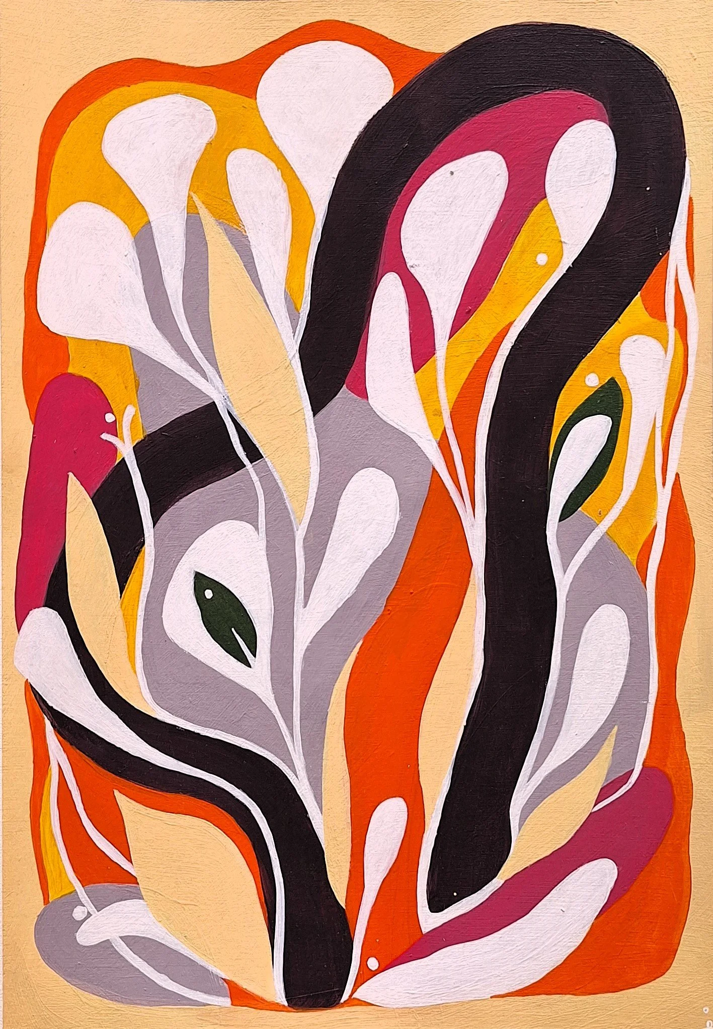 Peinture abstraite colorée représentant des formes végétales stylisées entrelacées en orange, jaune, rose, noir, gris et blanc.