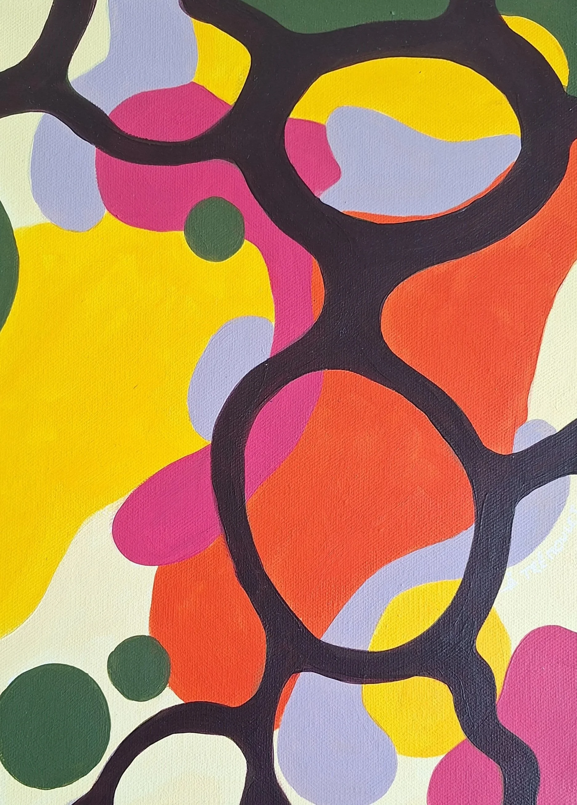 Composition abstraite colorée avec formes organiques jaunes, roses, orange, vertes et lavande, reliées par des lignes noires épaisses.