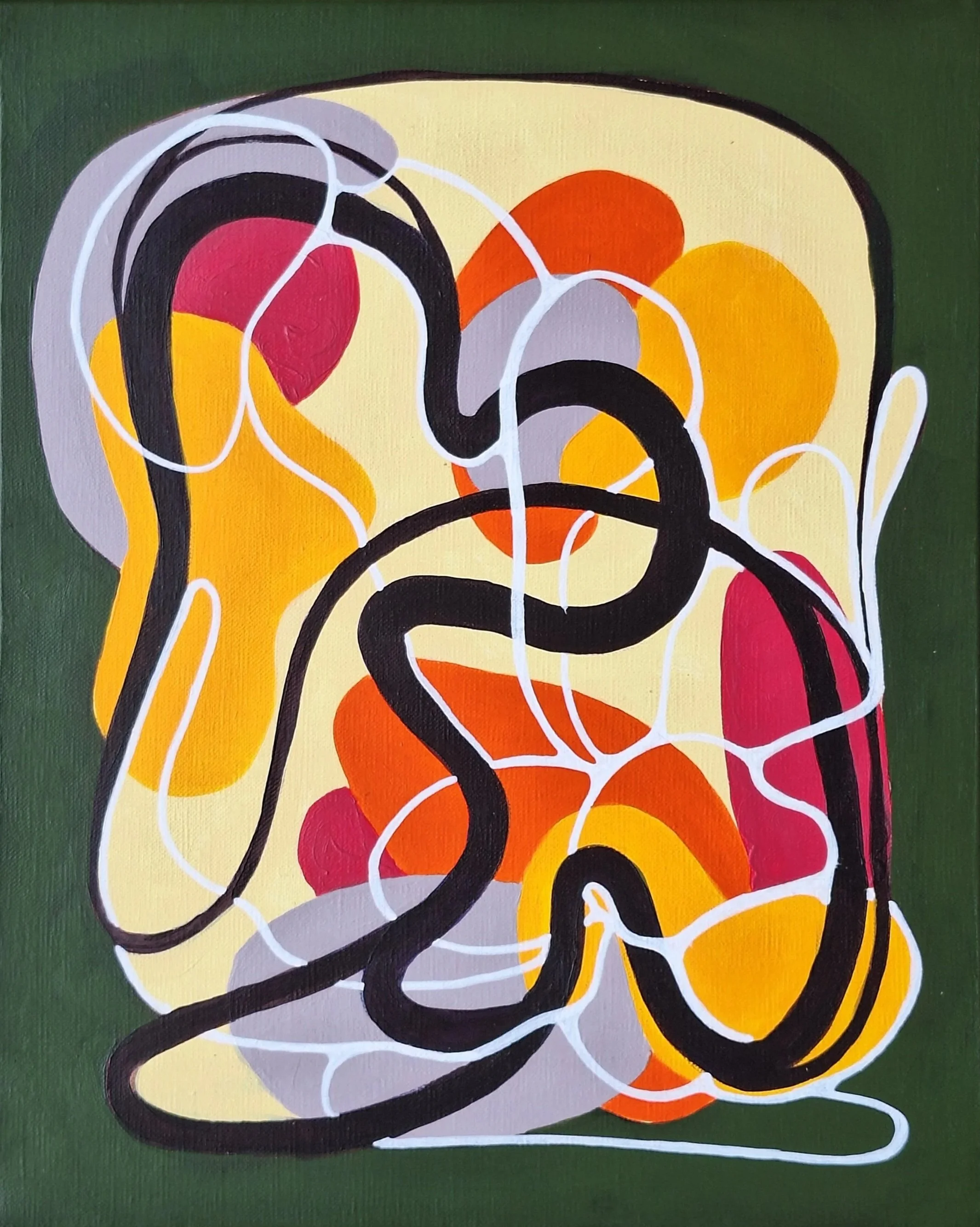 Peinture abstraite colorée aux formes géométriques orange, jaune, rose, noires et blanches sur fond vert