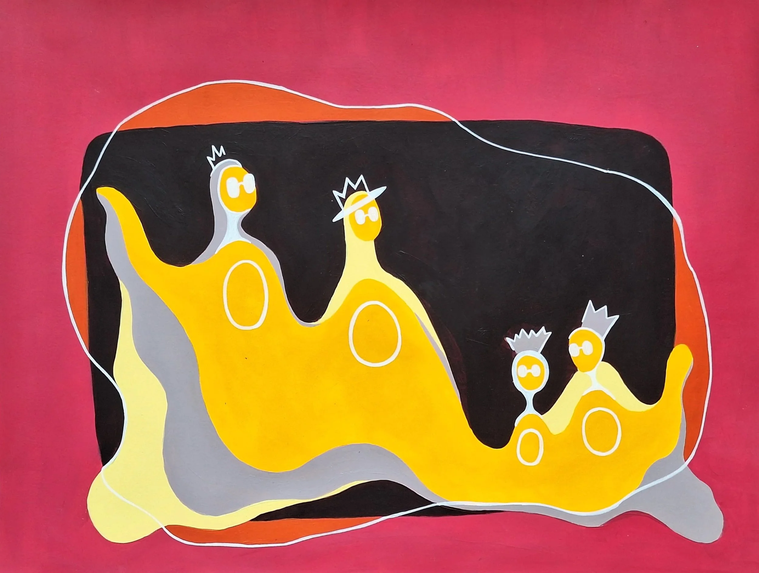 Illustration colorée d’un arbre généalogique abstrait avec des personnages jaunes couronnés sur fond noir, orange et rose.