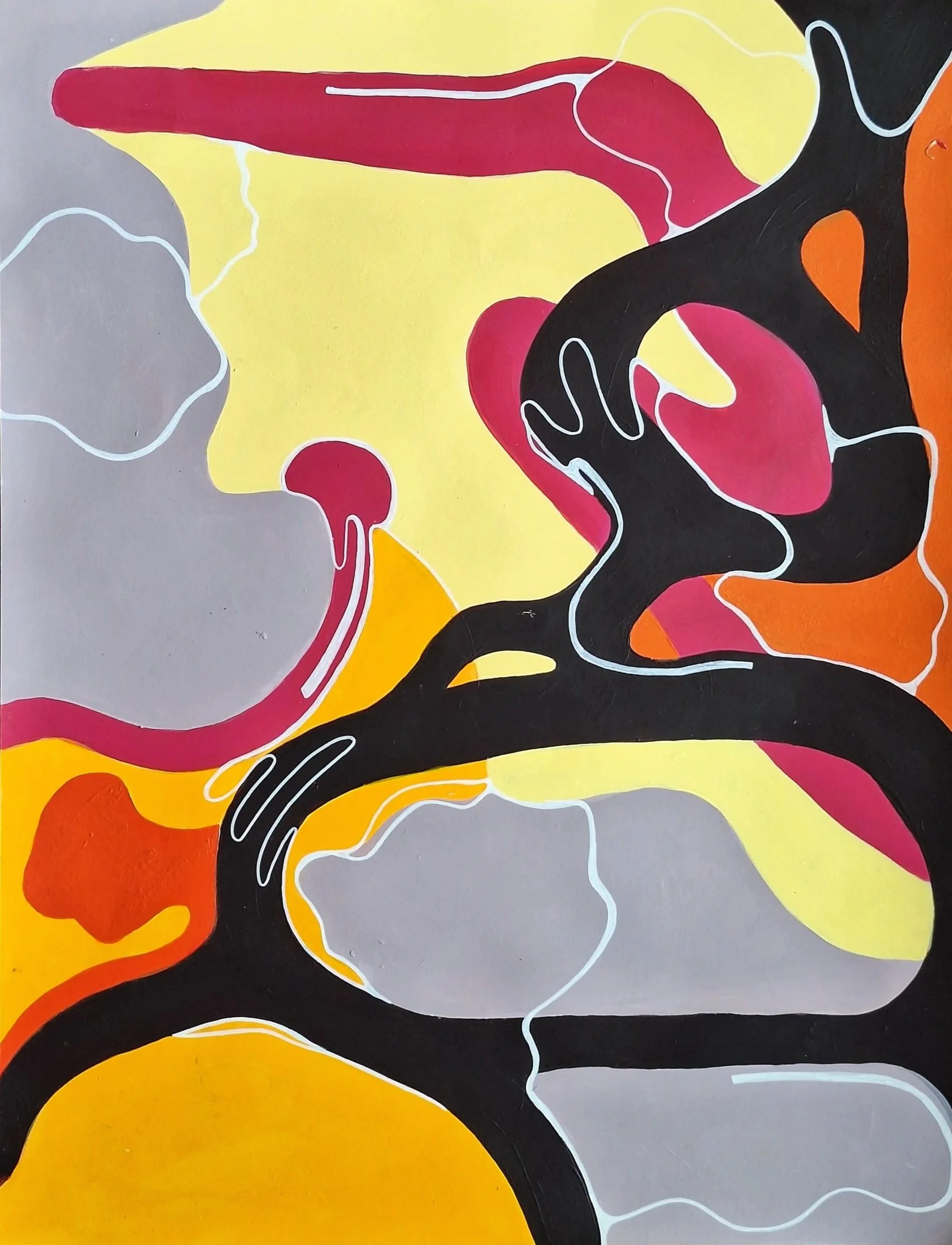 Peinture abstraite colorée aux formes organiques rouges, jaunes, orange, noires et grises, soulignées de lignes blanches.