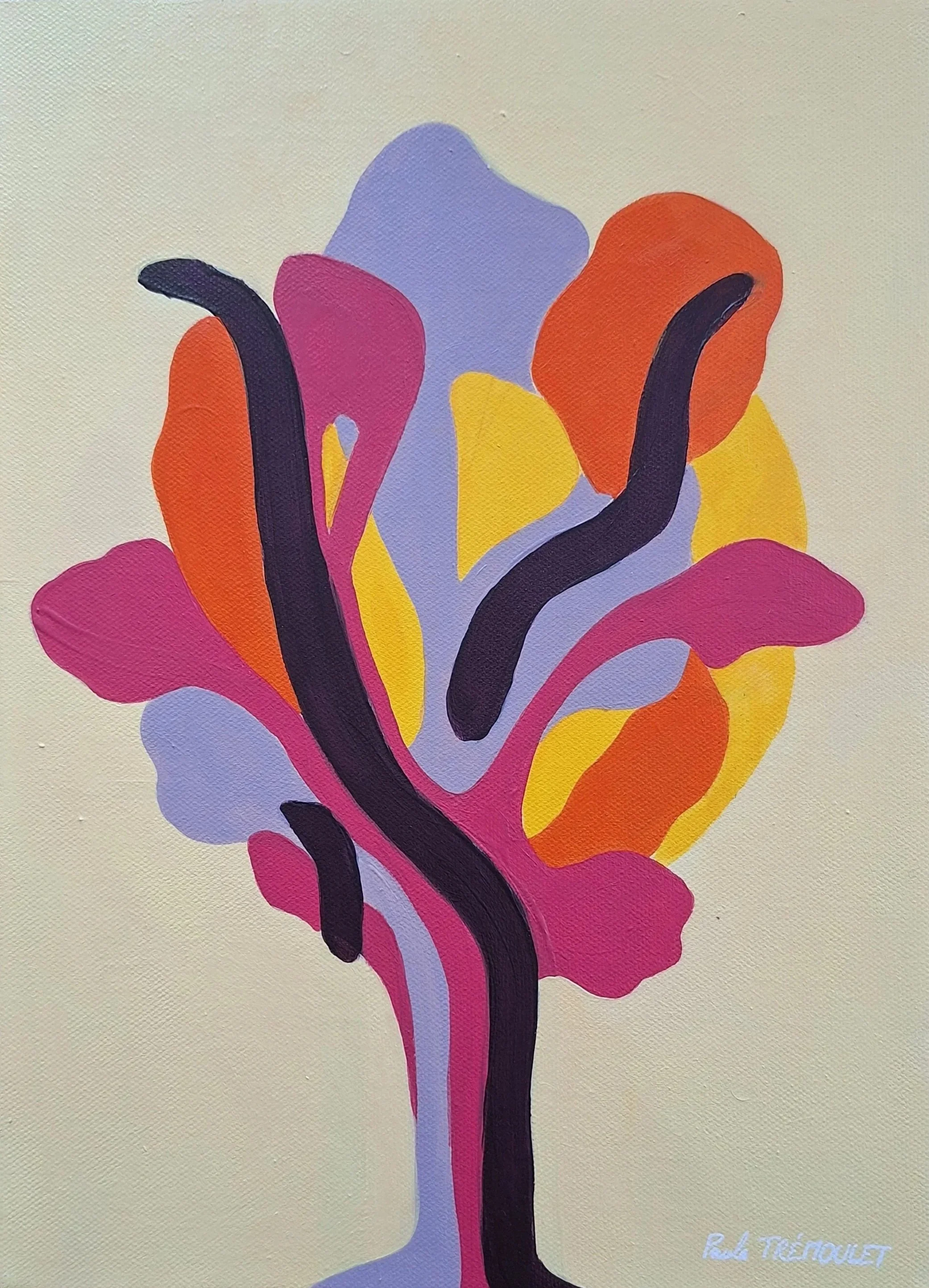 Peinture abstraite colorée représentant un bouquet de fleurs stylisées aux pétales orange, roses, jaunes et violets.