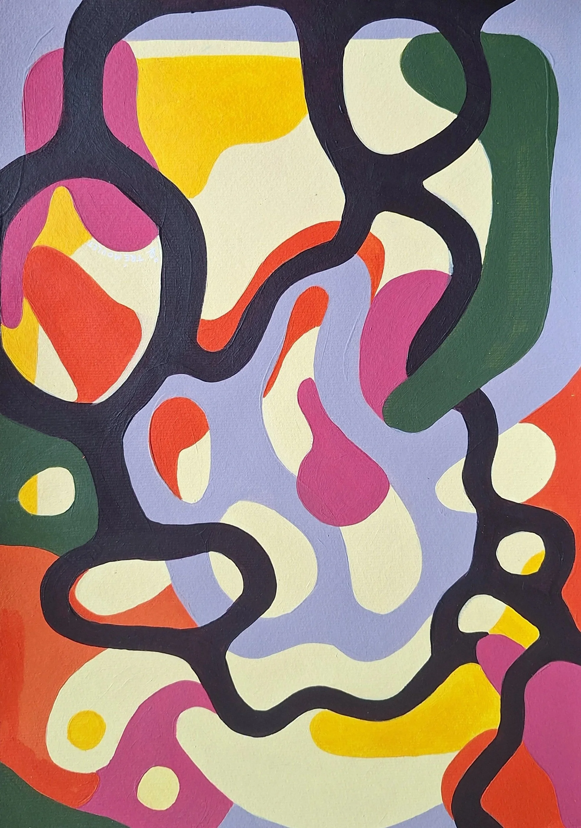 Peinture abstraite colorée composée de formes organiques multicolores bordées de lignes noires.