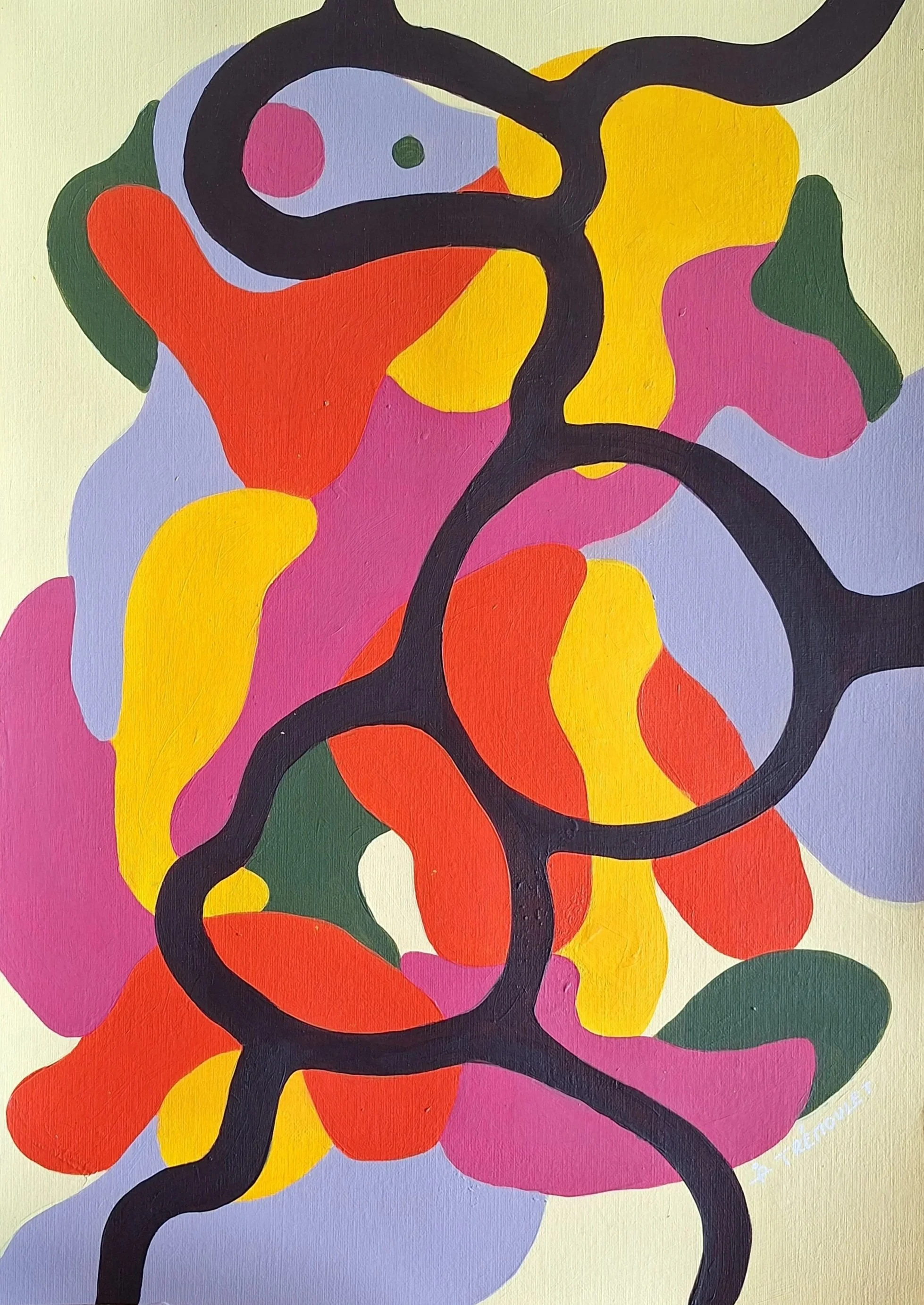 Composition abstraite colorée aux formes organiques multicolores délimitées par des lignes noires.