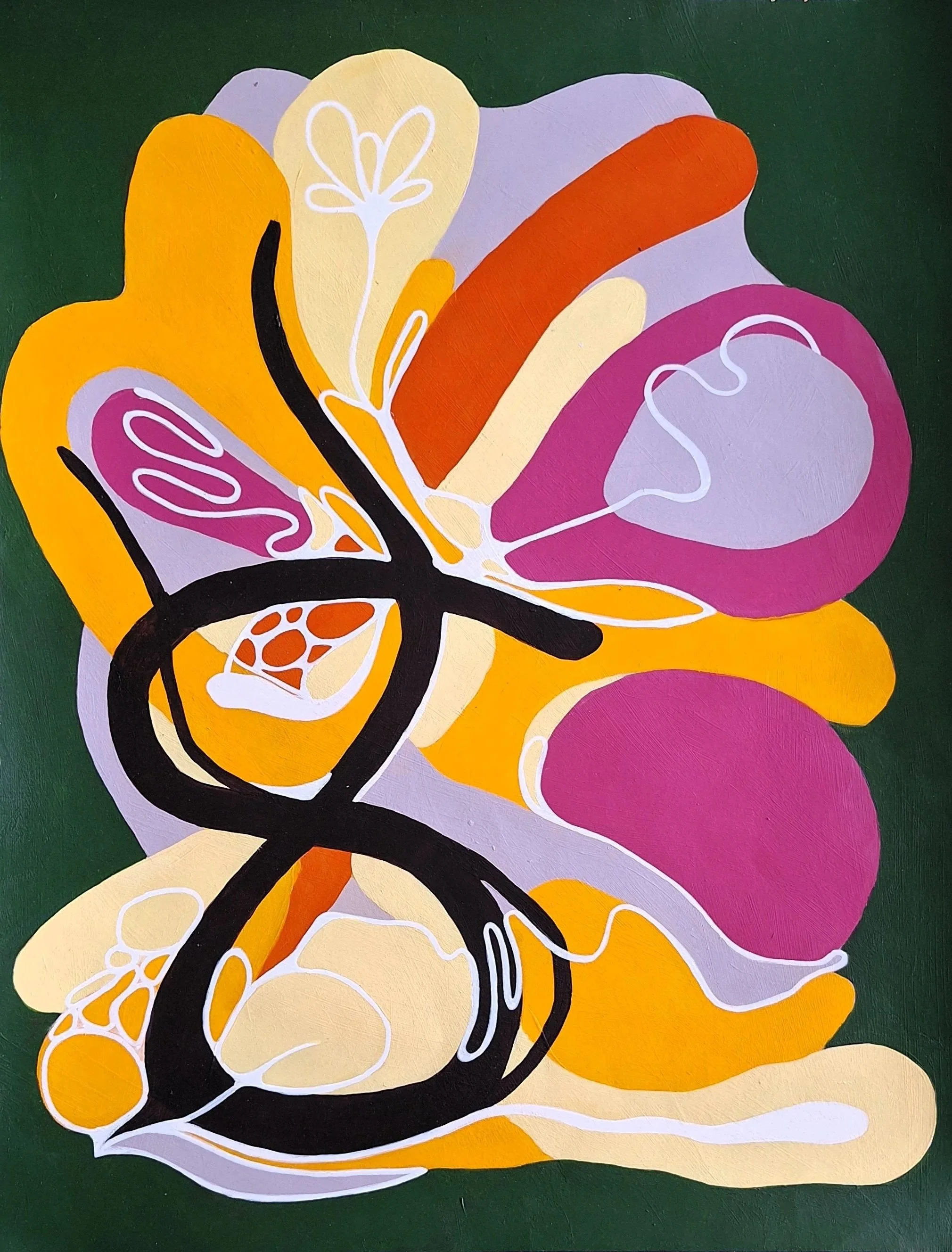 Composition abstraite colorée aux formes organiques orange, rose, lavande, jaune et noires sur fond vert foncé.