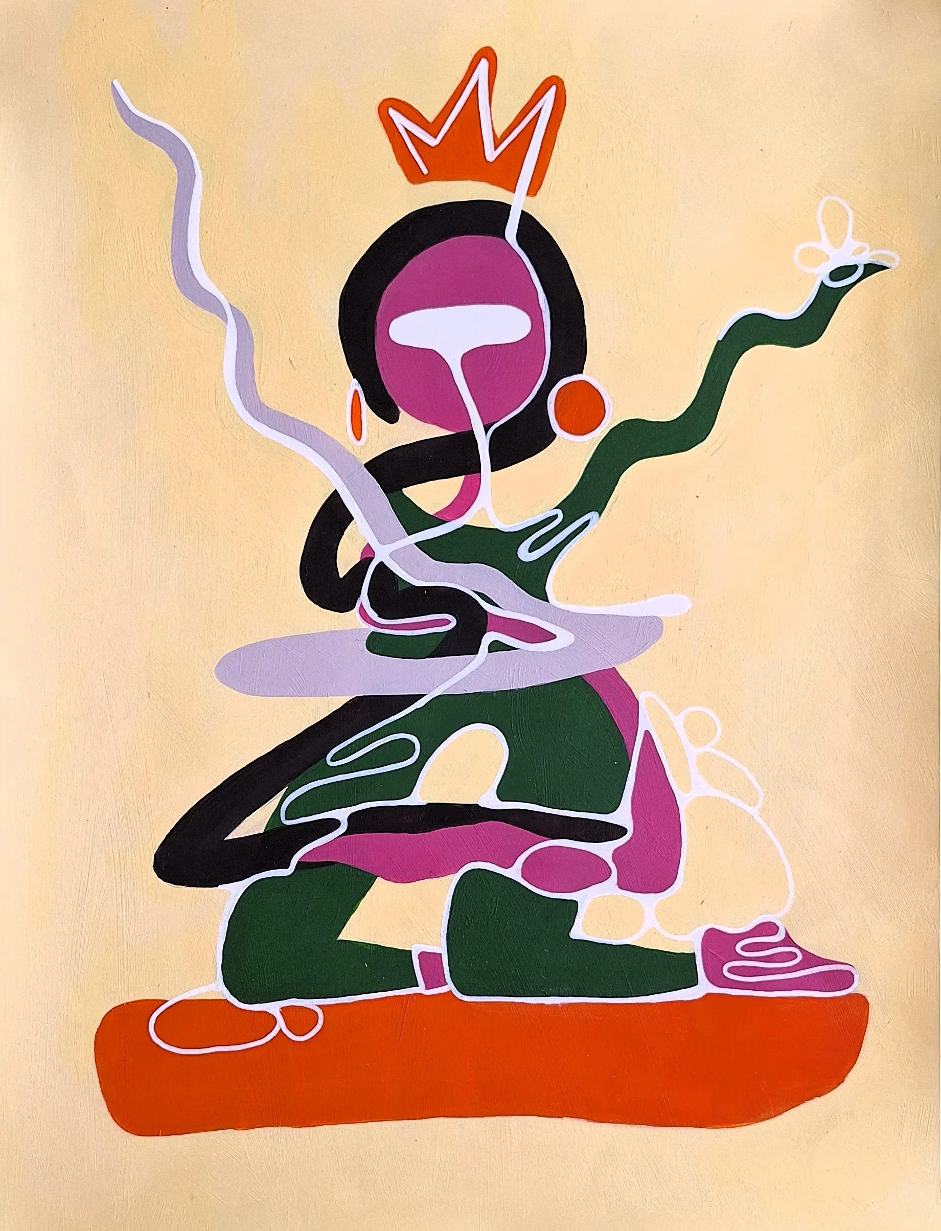 Peinture abstraite colorée représentant une figure humaine assise, couronnée, entourée de formes végétales et serpentine sur fond jaune.