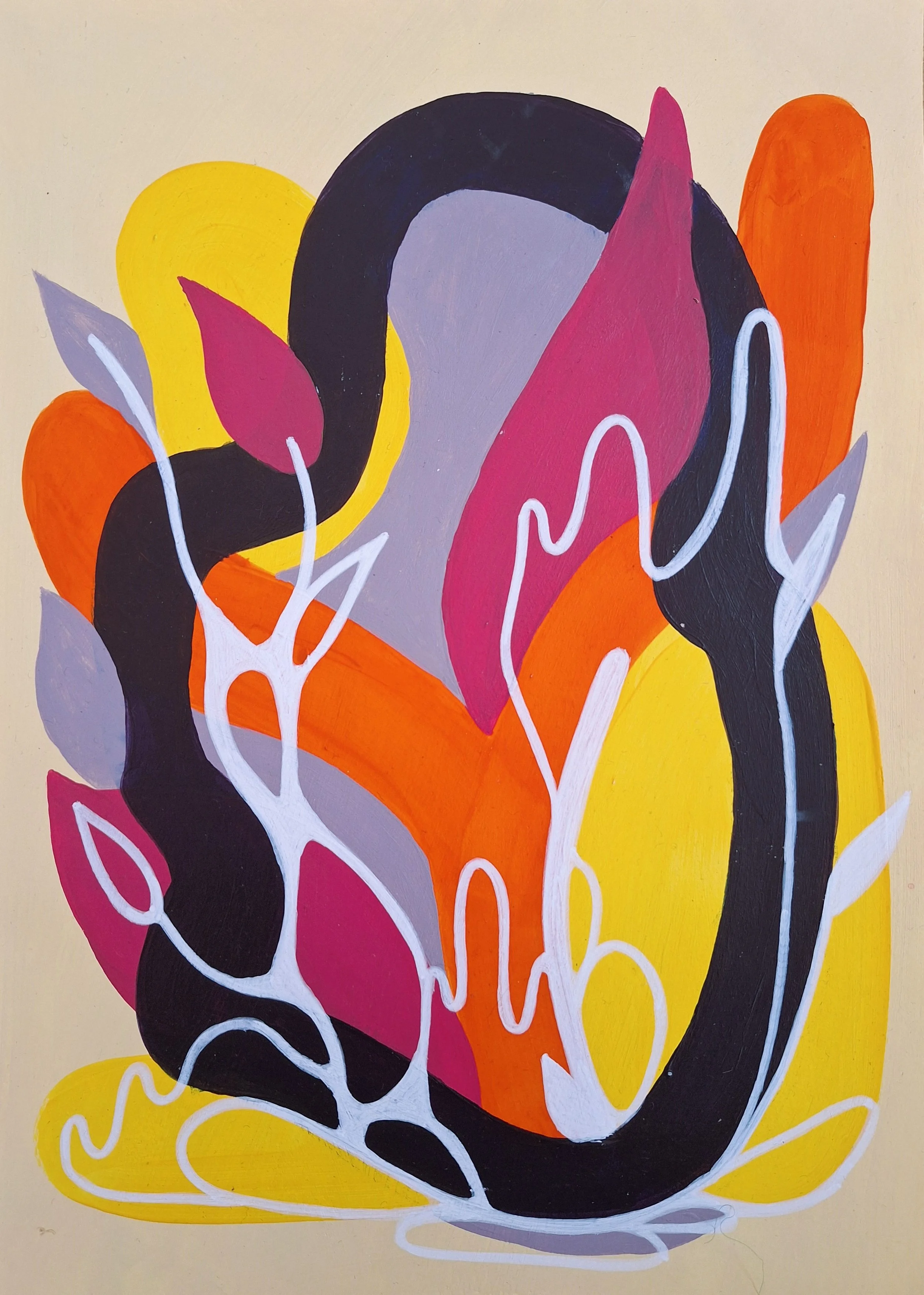 Peinture abstraite colorée aux formes organiques noires, jaunes, orange, roses et lavande, rehaussées de lignes blanches.