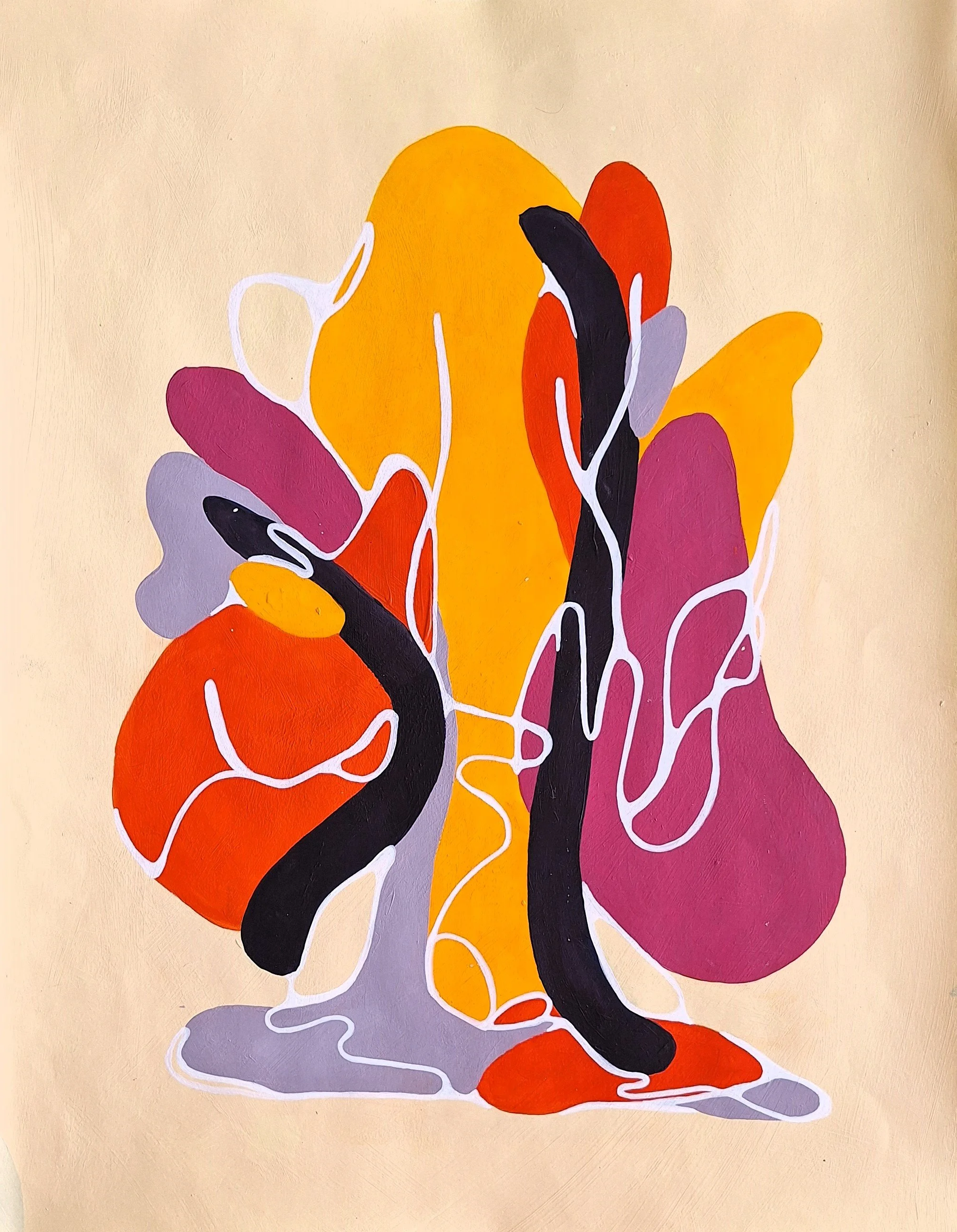 Peinture abstraite colorée composée de formes organiques orange, rouge, rose, violette, noire et blanches sur fond beige.