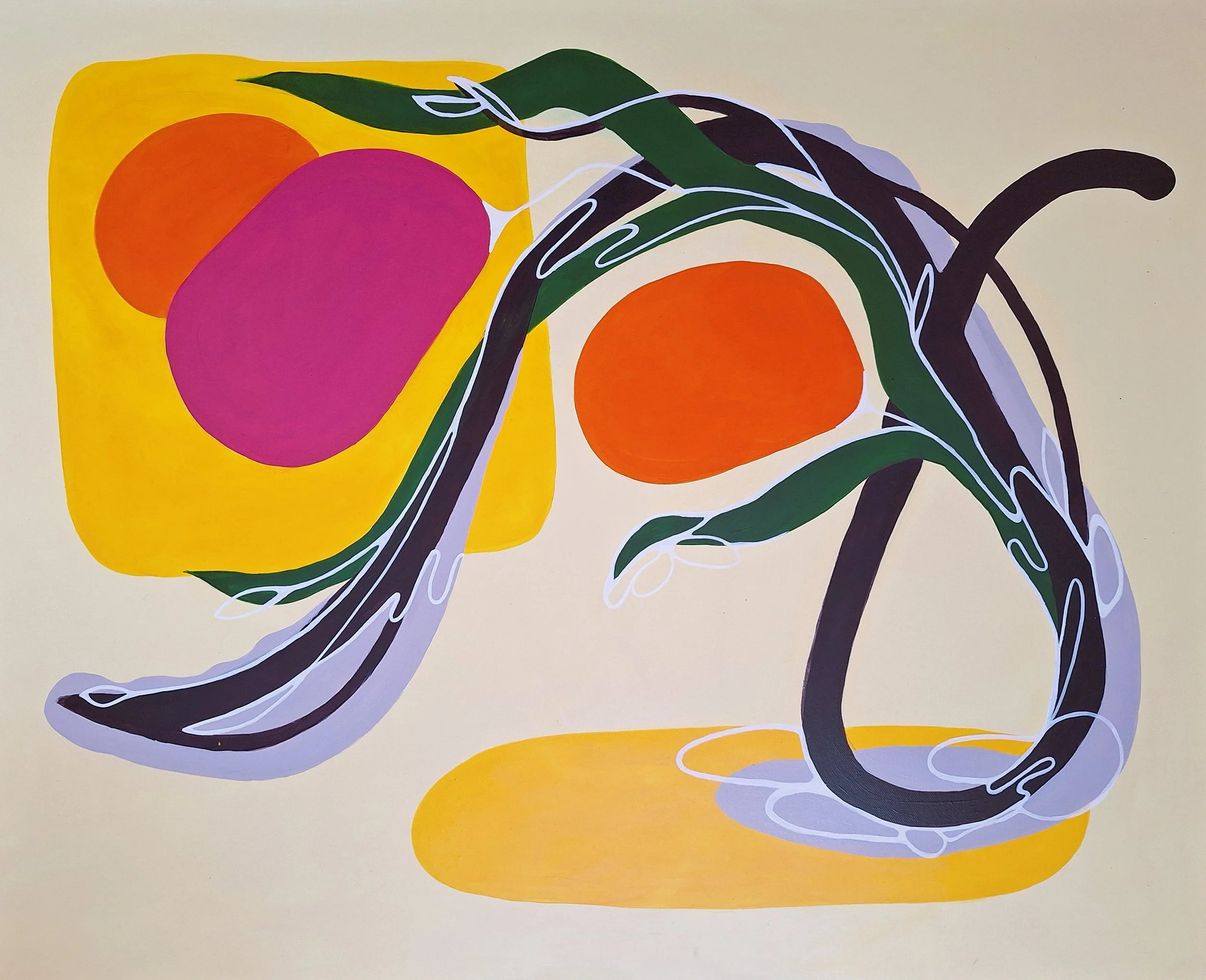 Illustration abstraite colorée de formes végétales sinueuses vertes et noires sur fond jaune, orange et rose.