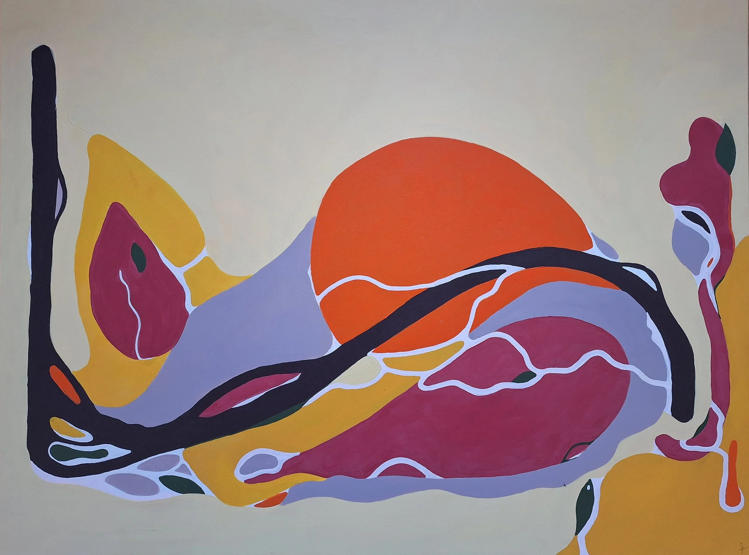 Peinture abstraite colorée composée de formes organiques violettes, orange, jaunes, noires et rouges.