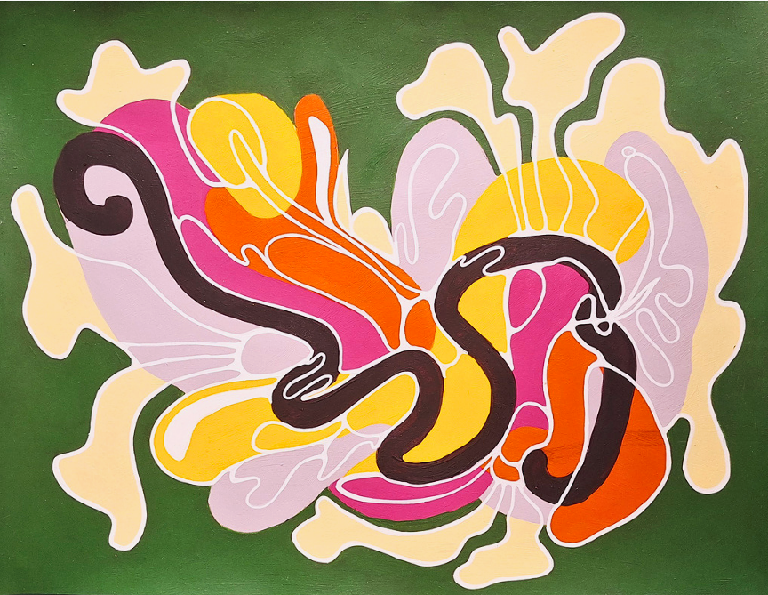 Peinture abstraite colorée aux formes organiques sur fond vert