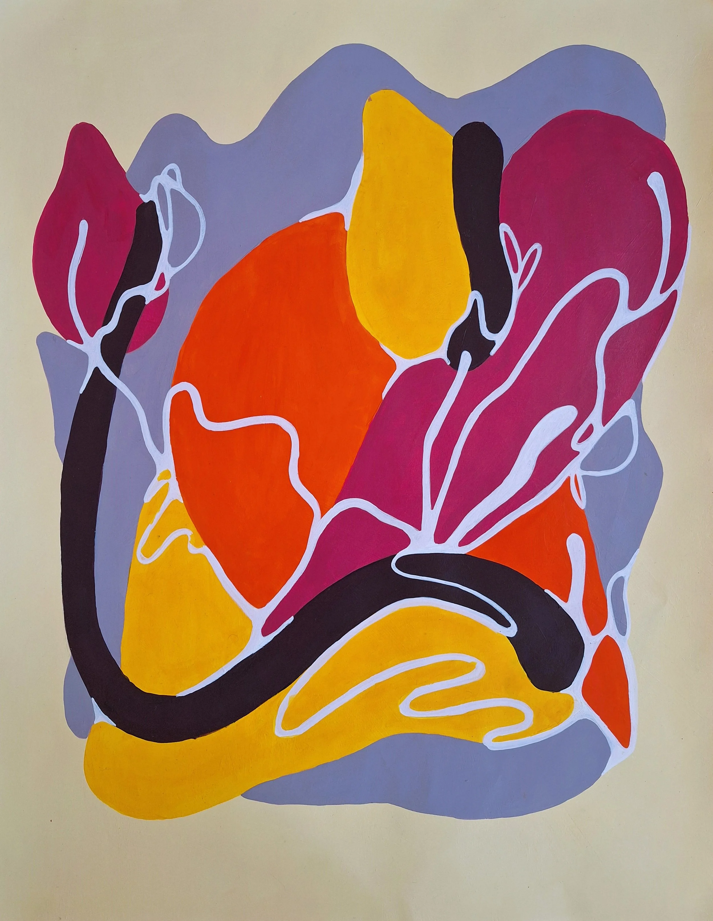 Peinture abstraite colorée représentant des formes organiques entrelacées en jaune, orange, violet, rose et noir, soulignées de lignes blanches.
