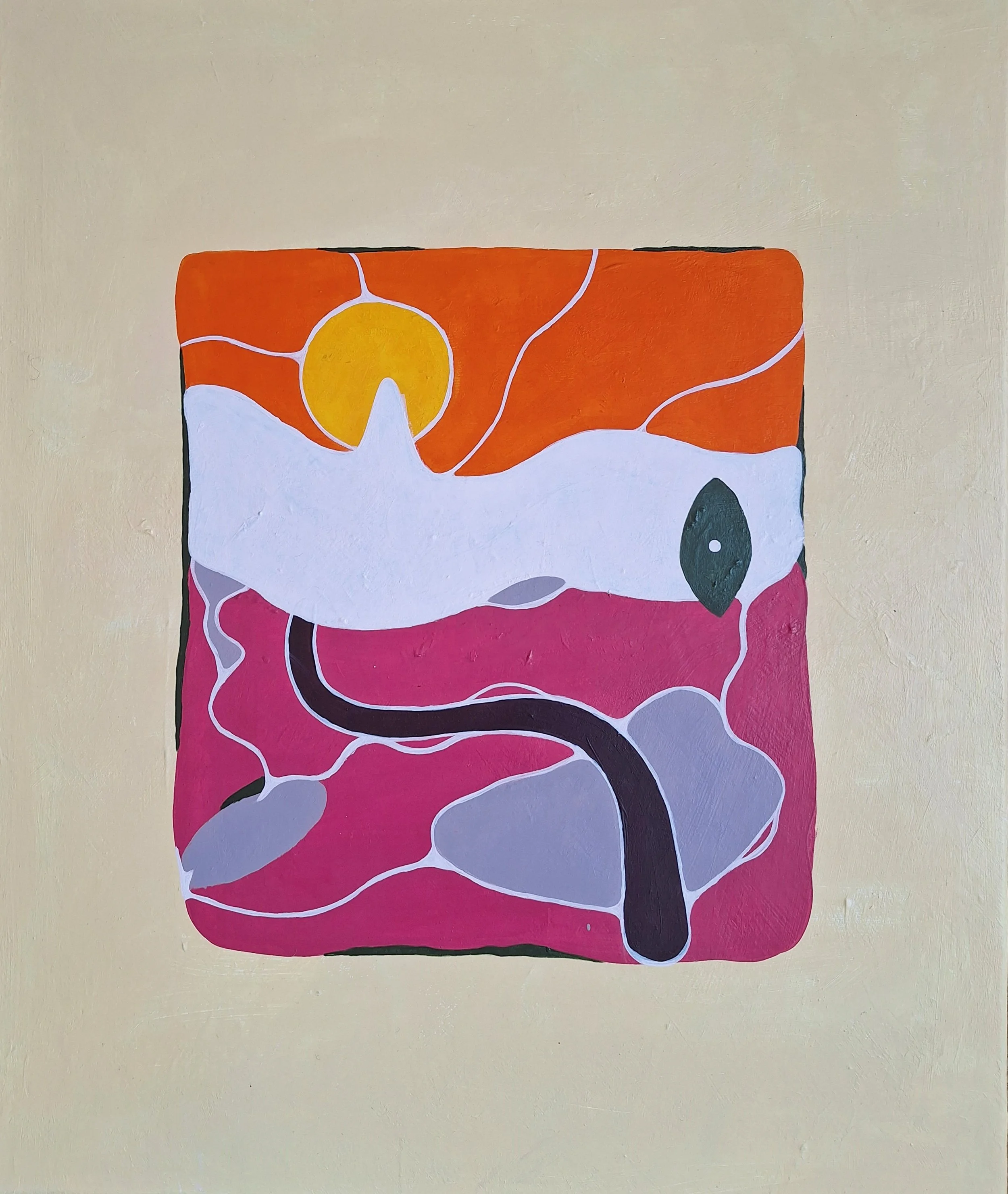 Peinture abstraite colorée représentant une silhouette humaine stylisée aux formes organiques orange, blanches et roses.