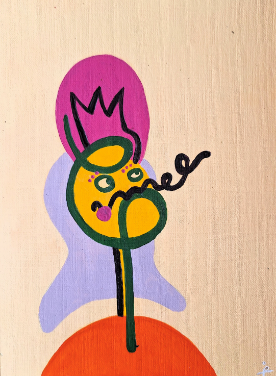 Illustration colorée d’un personnage fantastique ressemblant à une fleur, avec une tête rose, un visage jaune, des oreilles vertes et un corps violet sur fond beige.