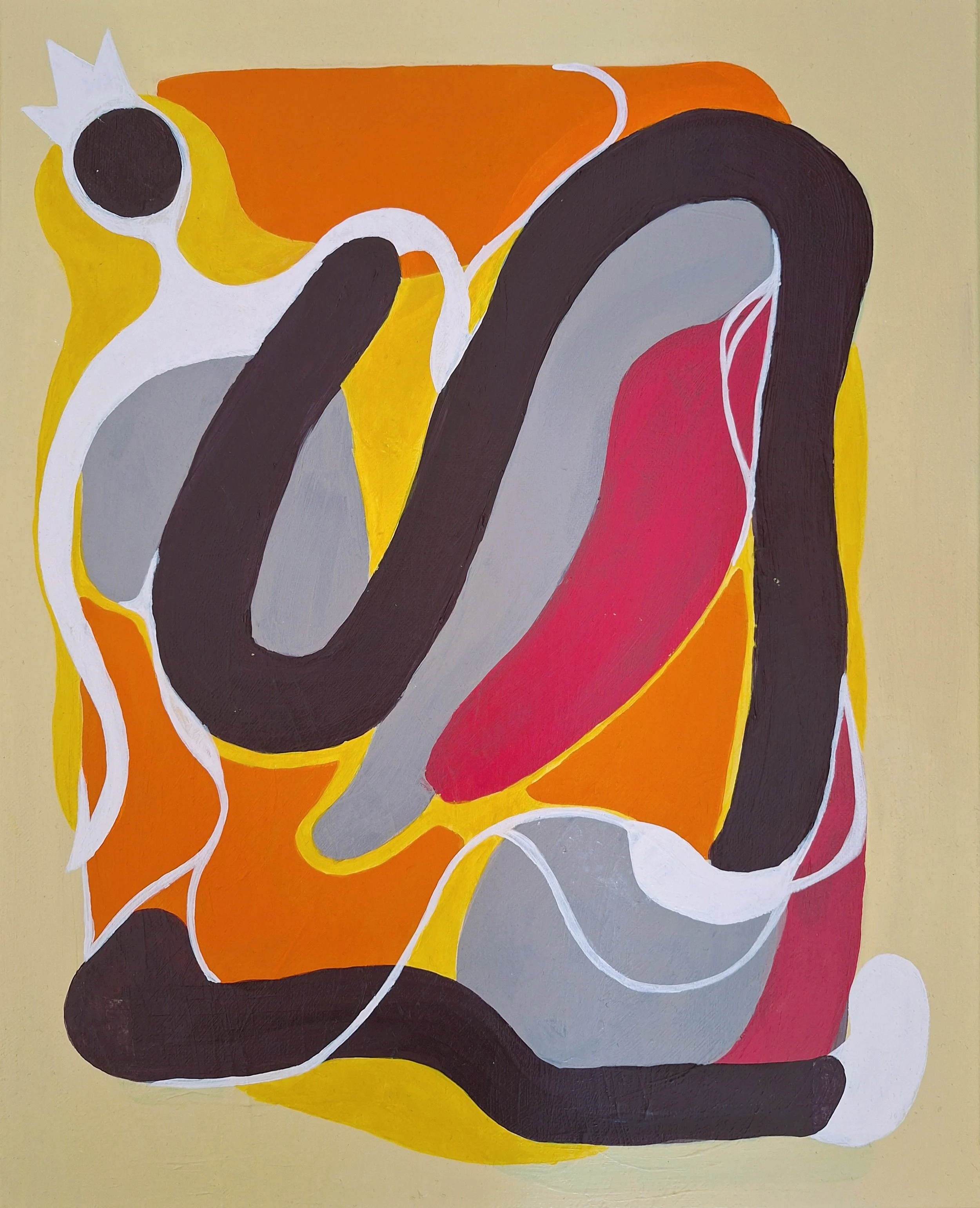 Peinture abstraite colorée représentant des formes humaines entrelacées sur fond orange, jaune et beige.