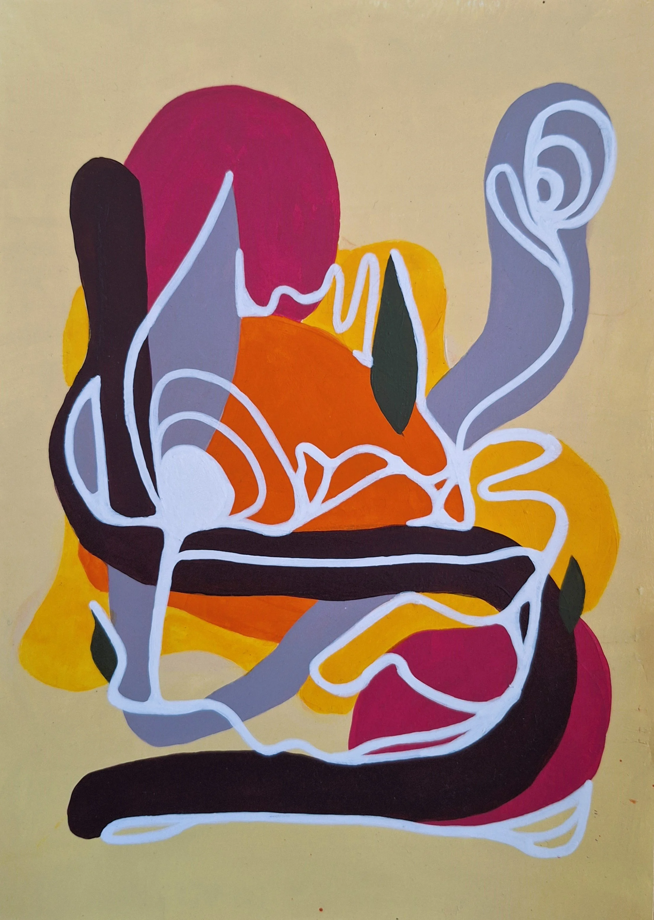 Peinture abstraite colorée représentant des formes organiques entrelacées en rouge, orange, jaune, violet, noir et blanc.