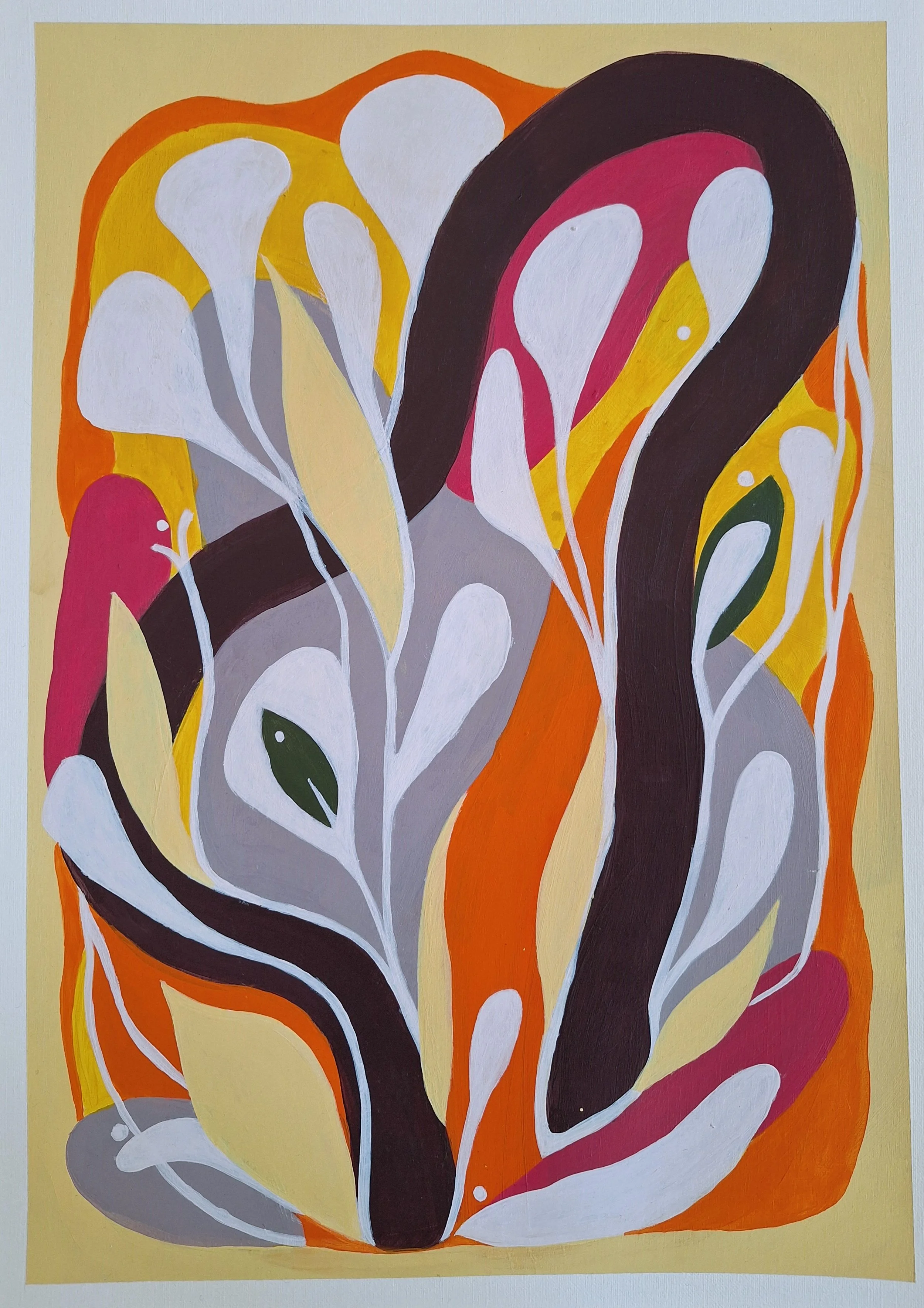 Peinture abstraite colorée représentant des formes végétales stylisées aux teintes orange, jaune, rose, blanche, grise et brune.