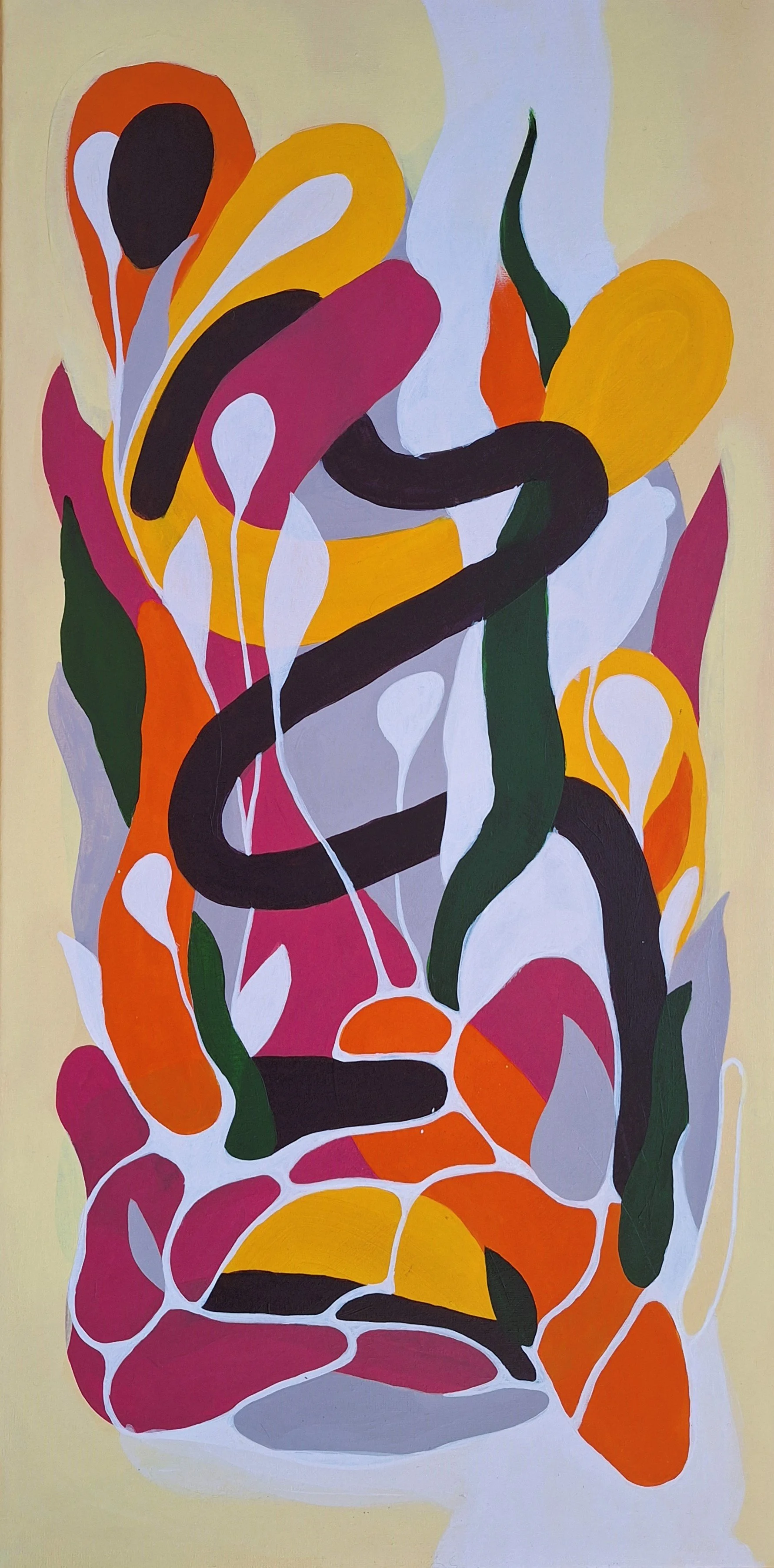 Peinture abstraite colorée composée de formes organiques entrelacées aux teintes orange, rose, jaune, vert, noir et blanc.