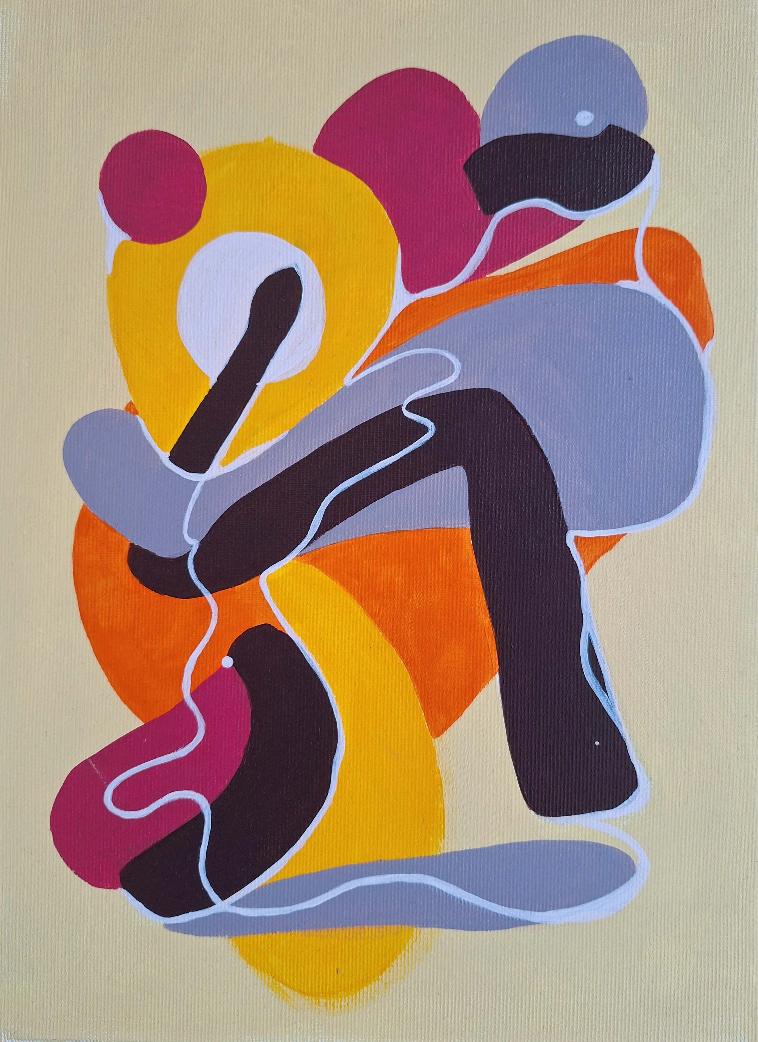 Peinture abstraite colorée composée de formes organiques rouges, jaunes, orange, bleues et noires sur fond beige.
