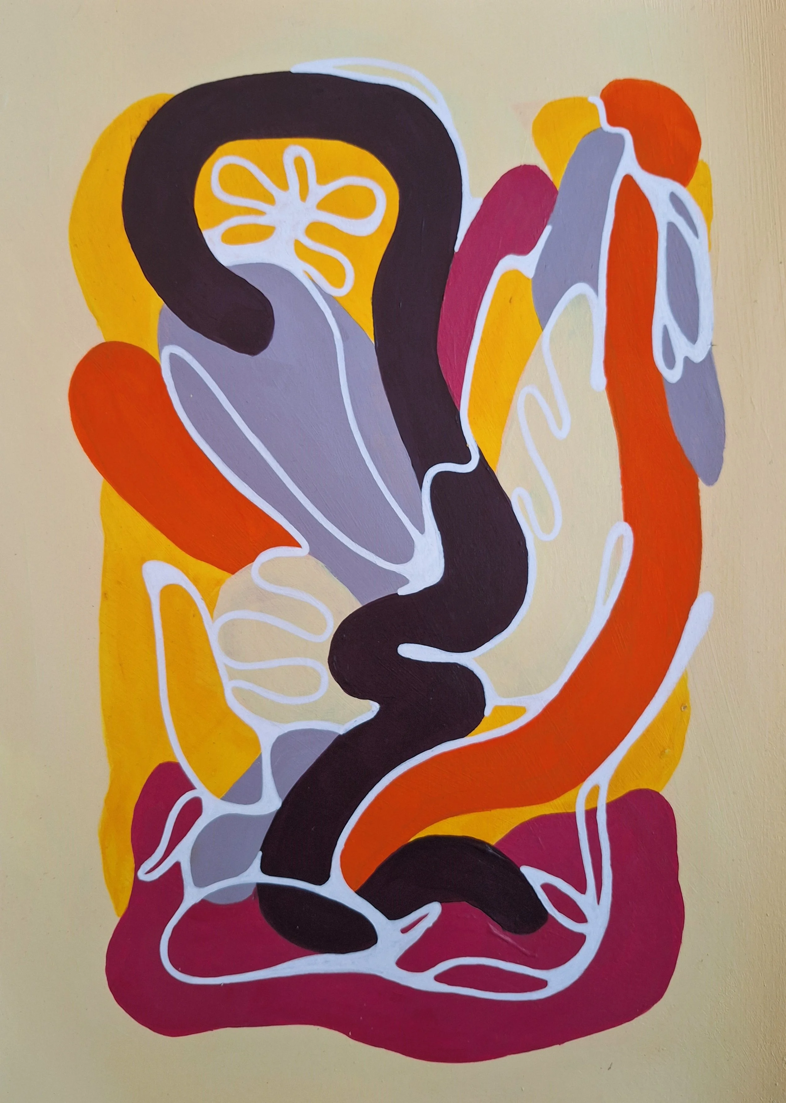 Peinture abstraite colorée représentant un visage stylisé aux cheveux noirs, entouré de formes florales orange, jaunes, roses et violettes.