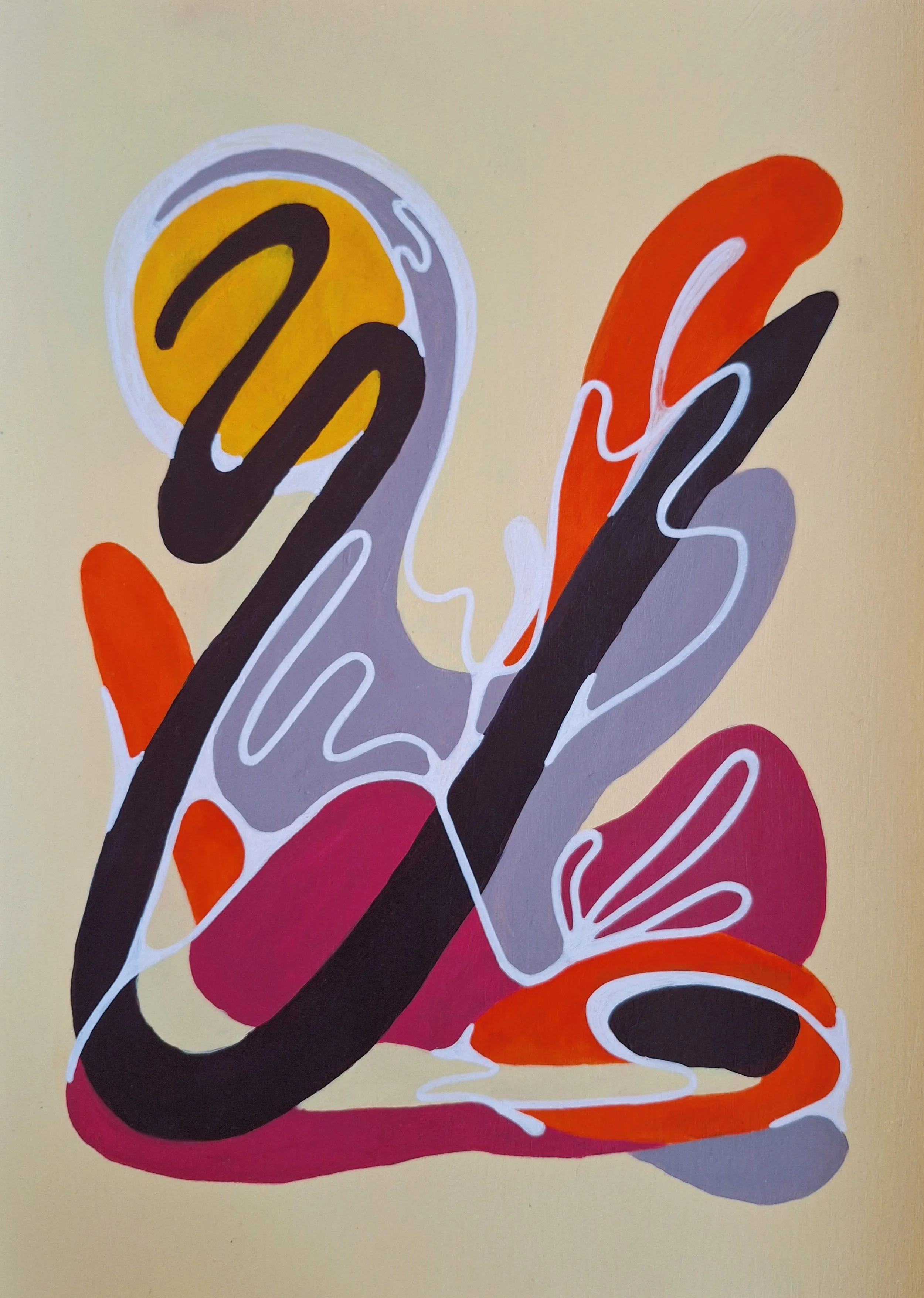 Peinture abstraite colorée aux formes organiques entrelacées en noir, orange, rose, jaune et violet.
