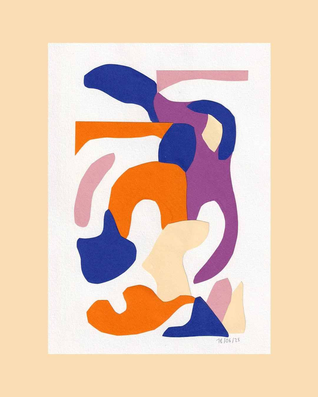 Scan d'un collage abstrait avec des couleurs unies sur fond jaune