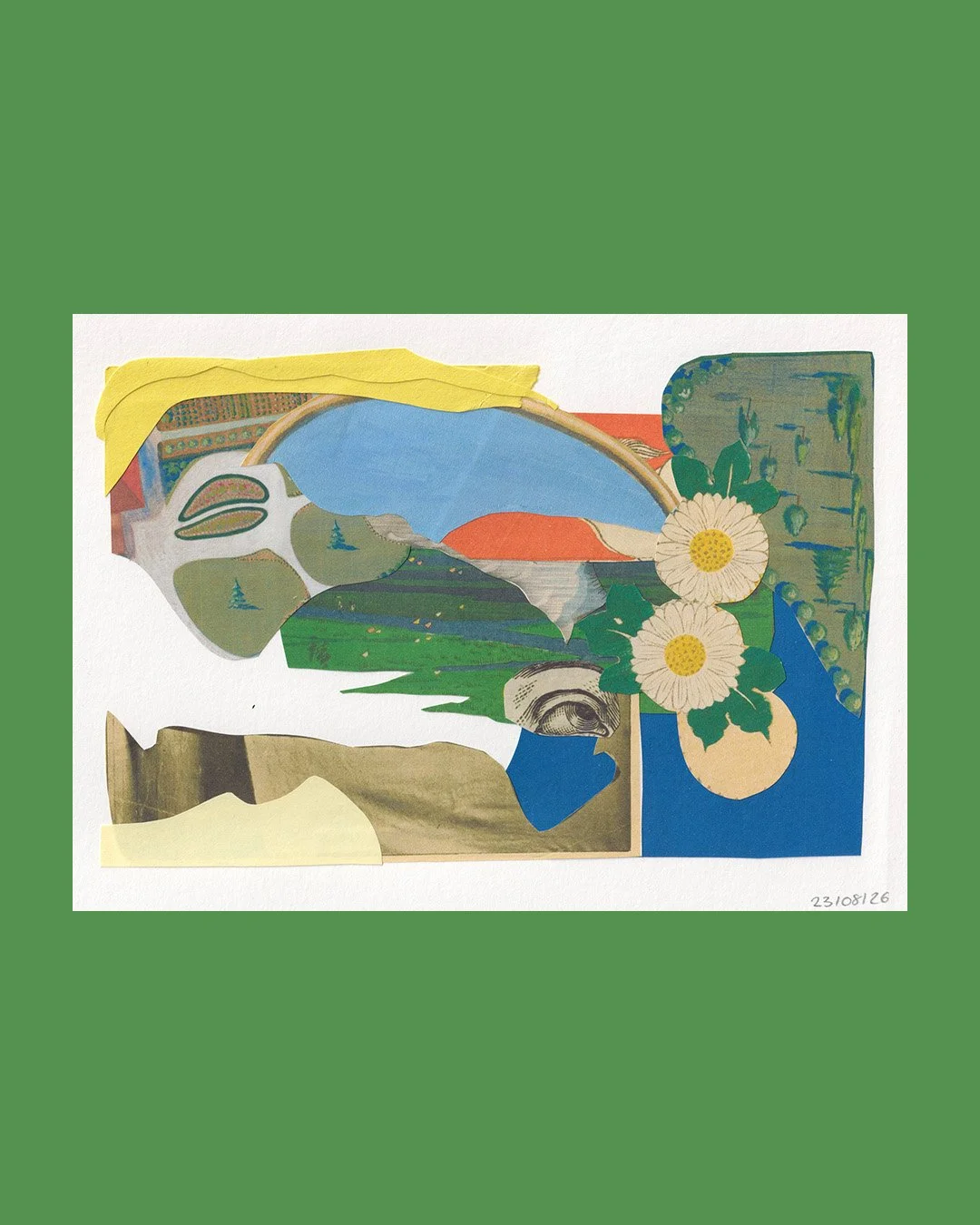 scan d'un collage abstrait mêlant beaucoup de textures vertes et bleu ainsi que des fleurs, le tout sur un fond vert