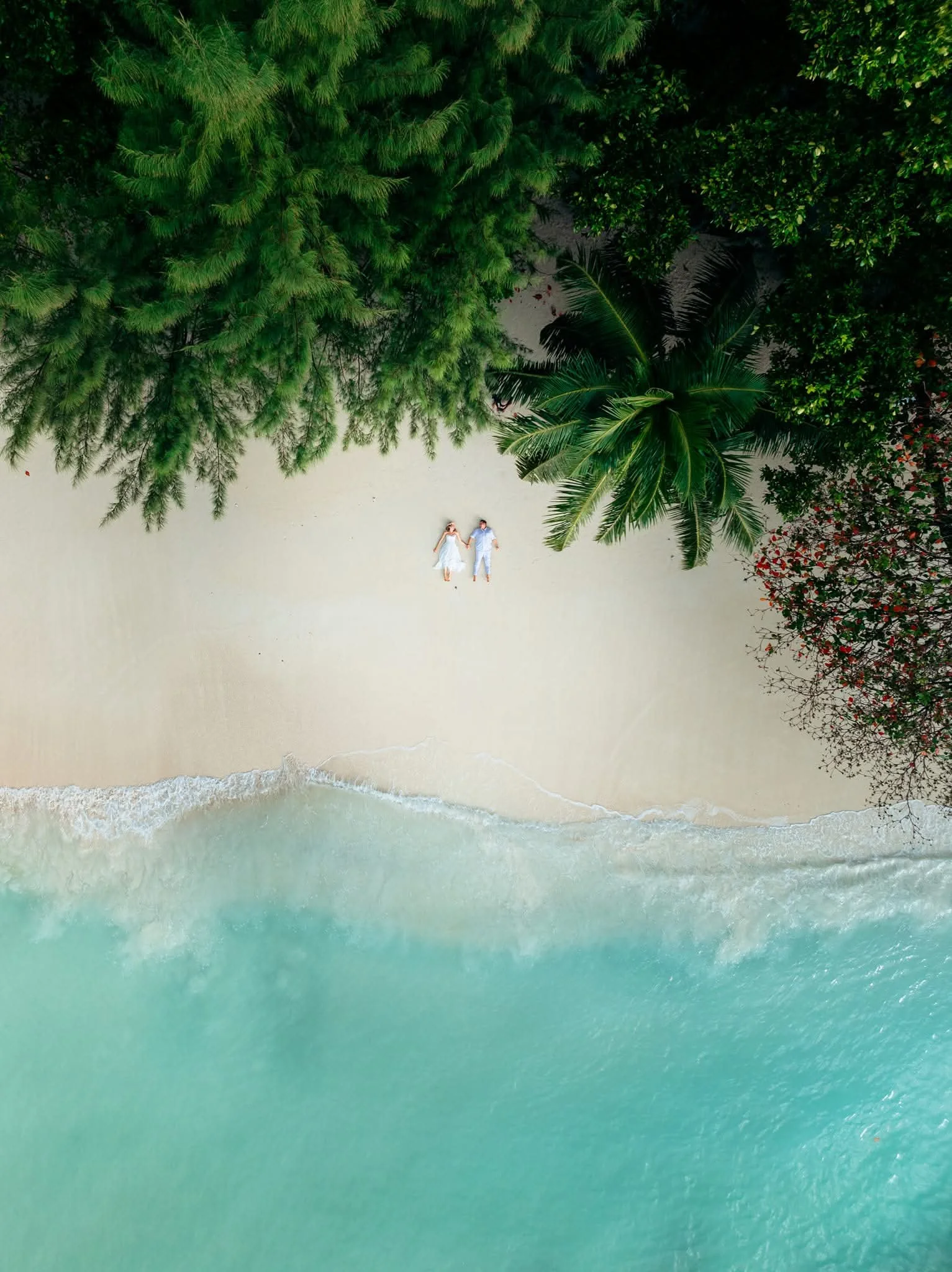 An aerial view of a beach with turquoise water, sandy shoreline, and lush green trees and plants along the coast, with a couple lying on the sand holding hands.