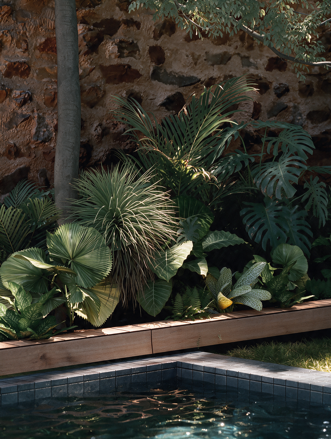 Jardim com plantas verdes ao redor de uma piscina com borda de madeira e parede rústica ao fundo.