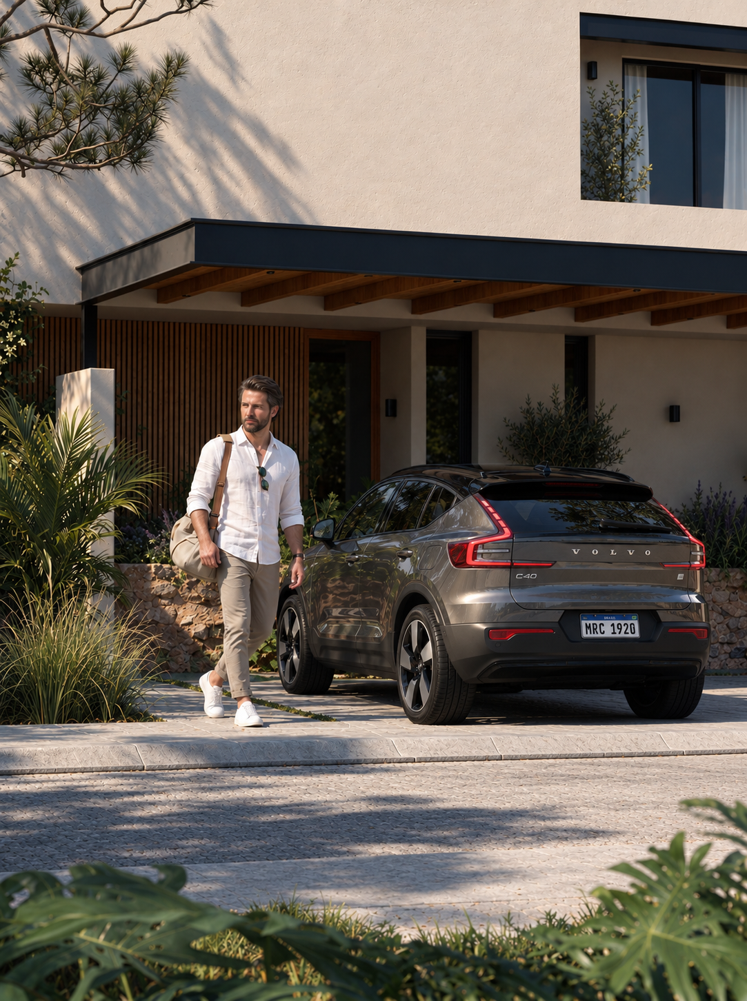 Homem com camisa branca, calça bege, carregando uma bolsa, caminhando na calçada ao lado de um carro preto na frente de uma casa moderna com jardim