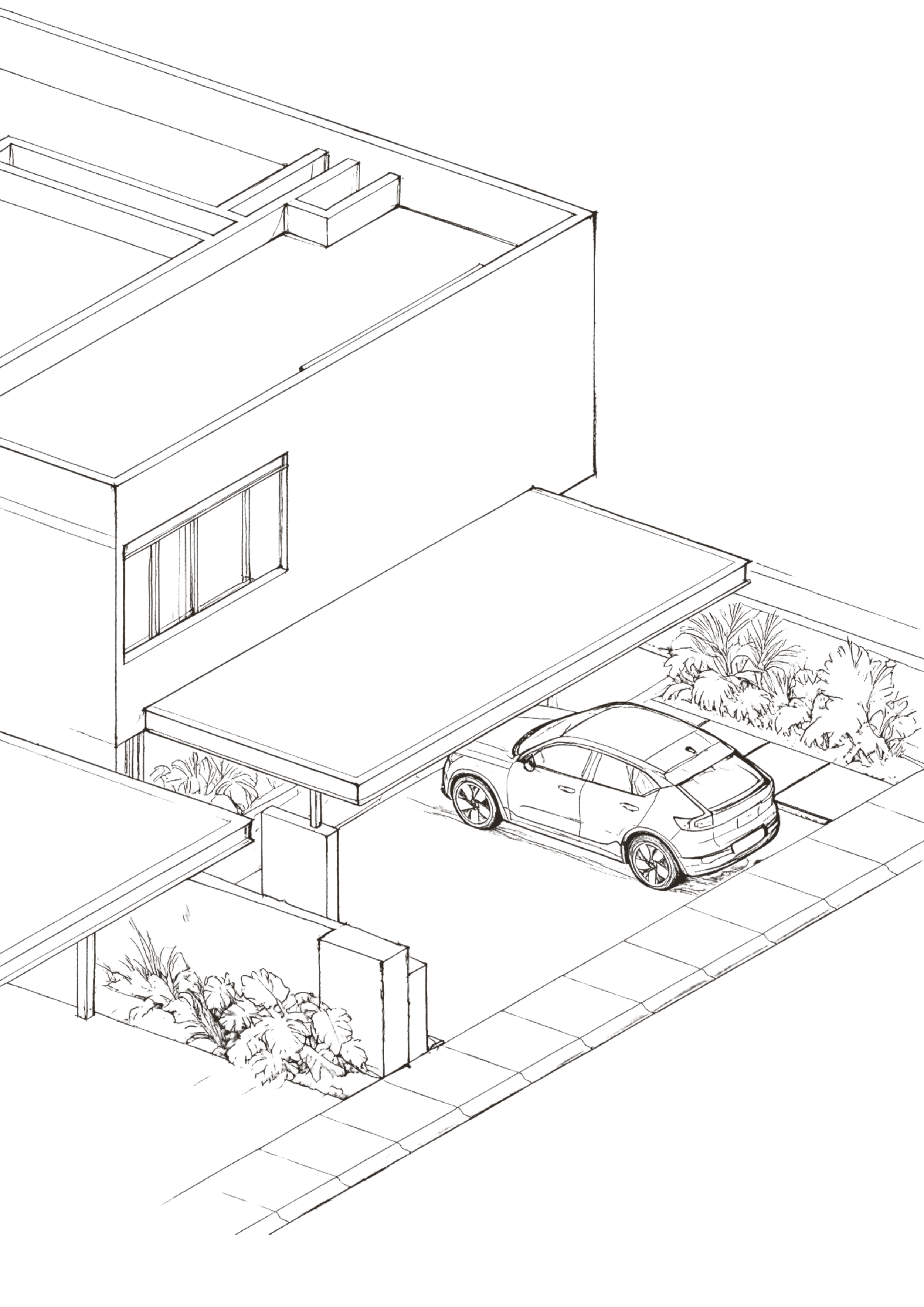 Desenho técnico de uma planta baixa de uma residência moderna, destacando uma garagem com carro, jardim com árvores e uma área coberta na entrada.