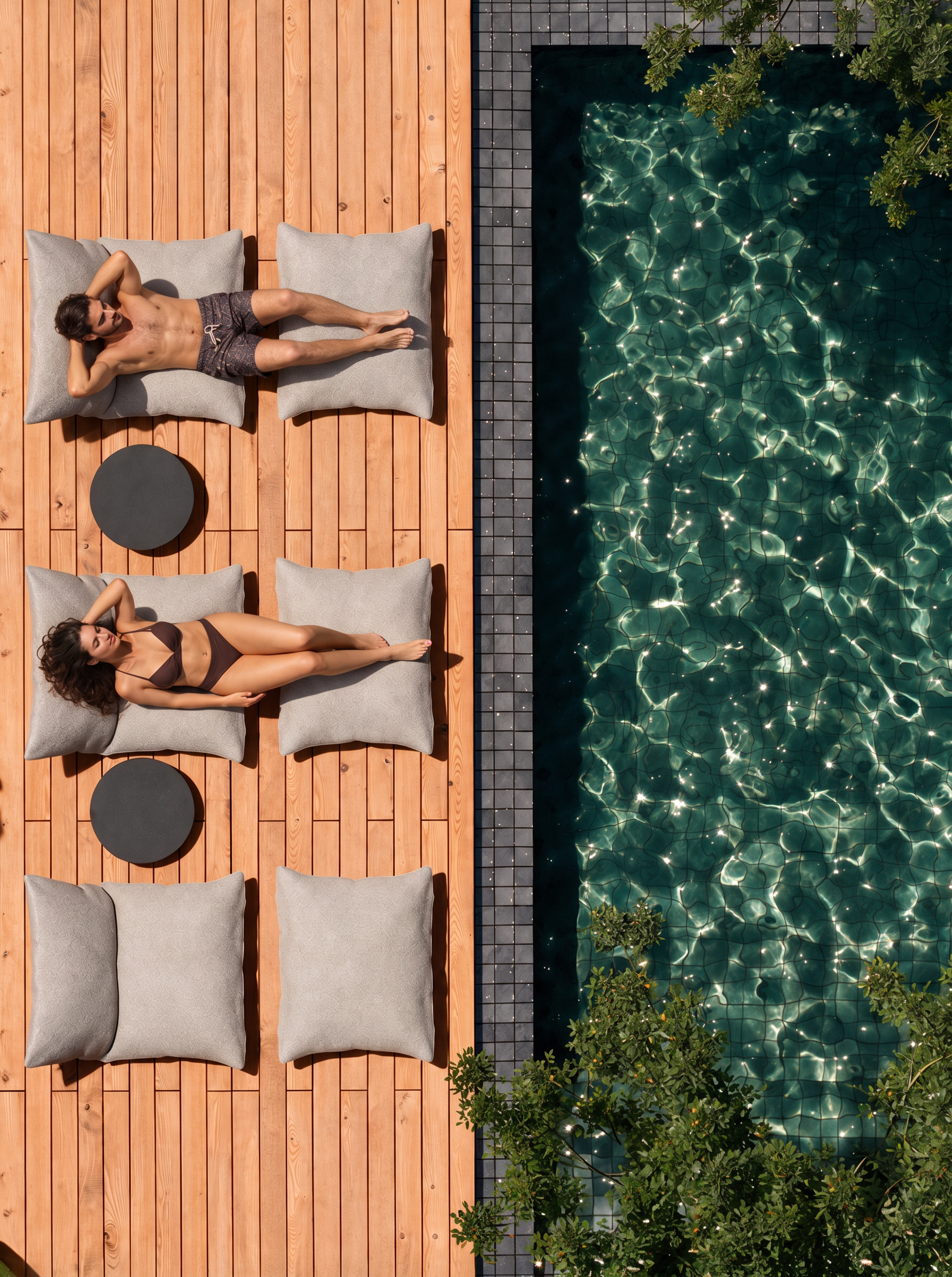 Homem deitado em uma espreguiçadeira de madeira ao lado de uma piscina, usando short de banho. Mulher deitada ao lado, também na espreguiçadeira, usando biquíni. O ambiente é ao ar livre, com plantas ao redor da piscina.