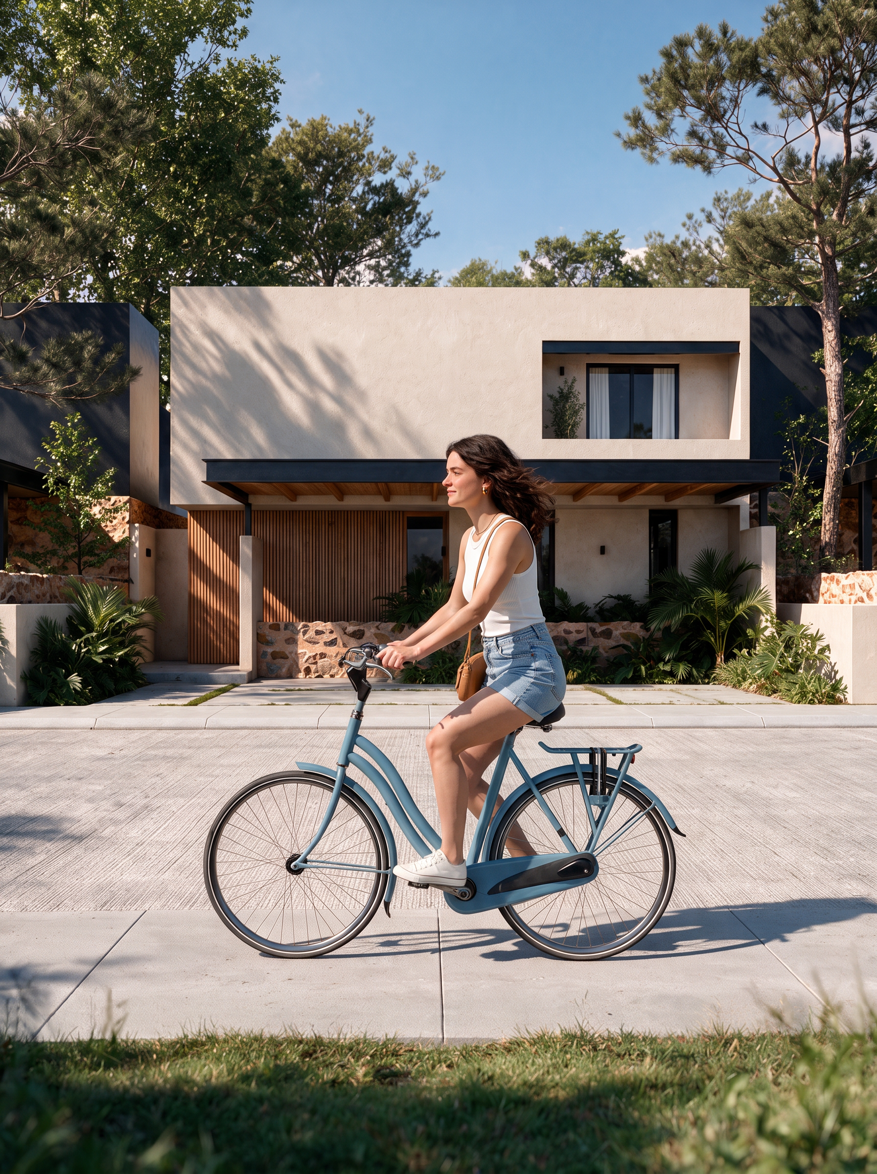 Mulher jovem pedalando uma bicicleta azul em uma rua de frente para uma casa moderna com jardim bem cuidado, árvores ao fundo e céu azul claro.