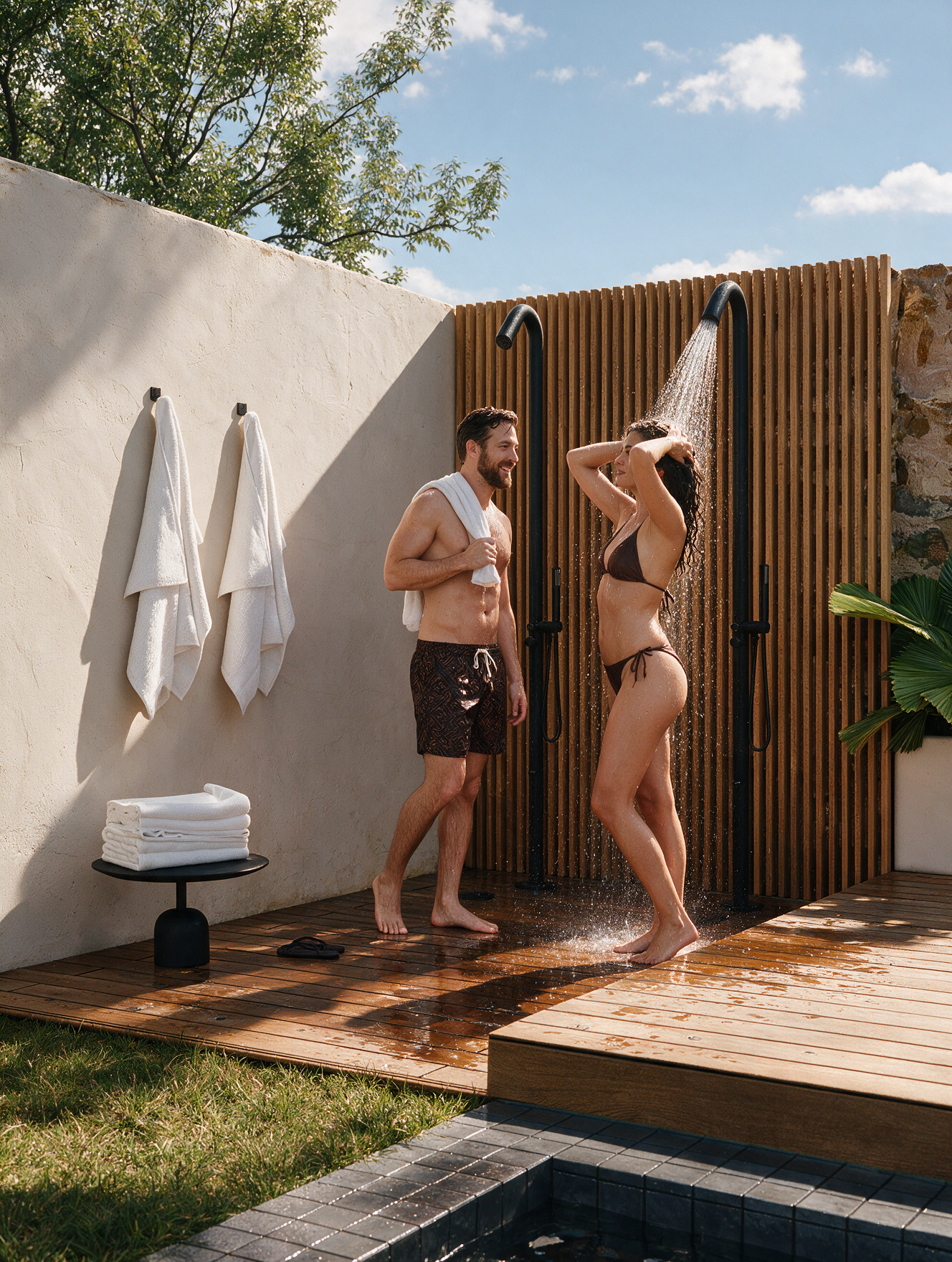 Homens e mulher tomando banho de ducha ao ar livre, ao lado de uma piscina, parede de madeira e parede de cimento com toalhas penduradas, plantas ao fundo e céu claro.