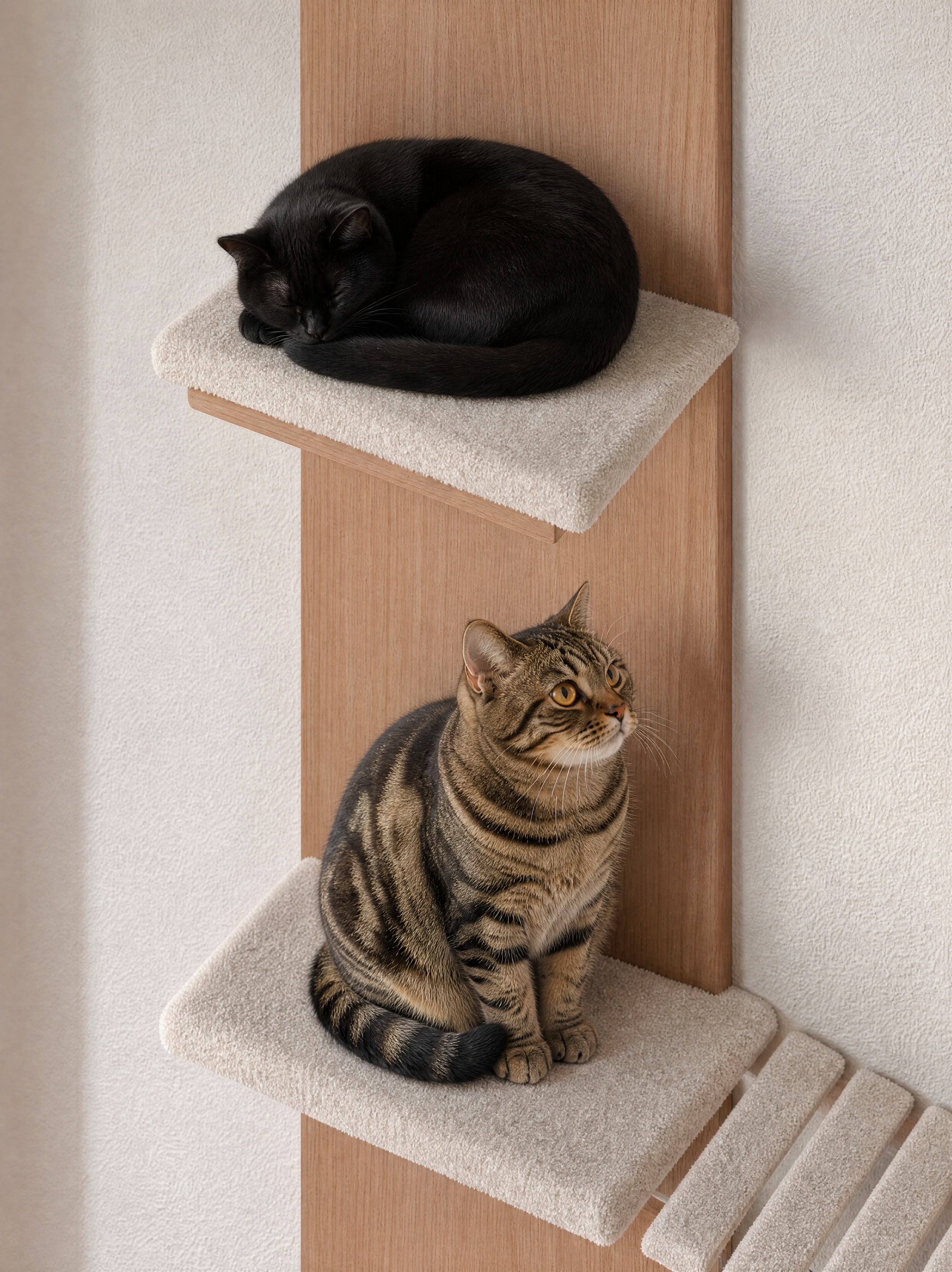 Gato preto dormindo em uma prateleira de uma árvore de gatos, com outro gato listrado na base.