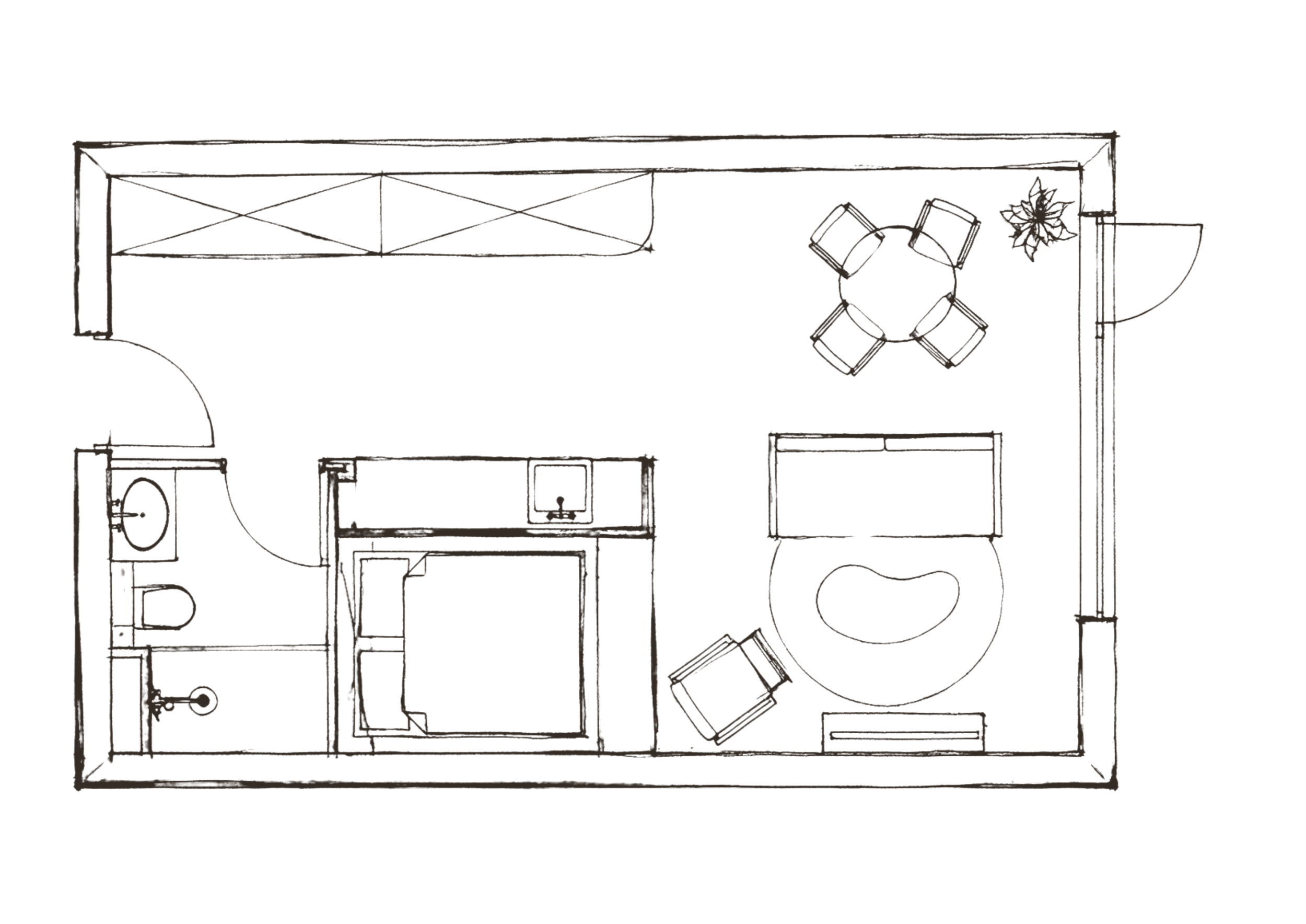 Desenho técnico de uma bancada de trabalho com diversas ferramentas e componentes, incluindo uma mesa, suportes, objetos diversos e um quadro branco ao fundo.