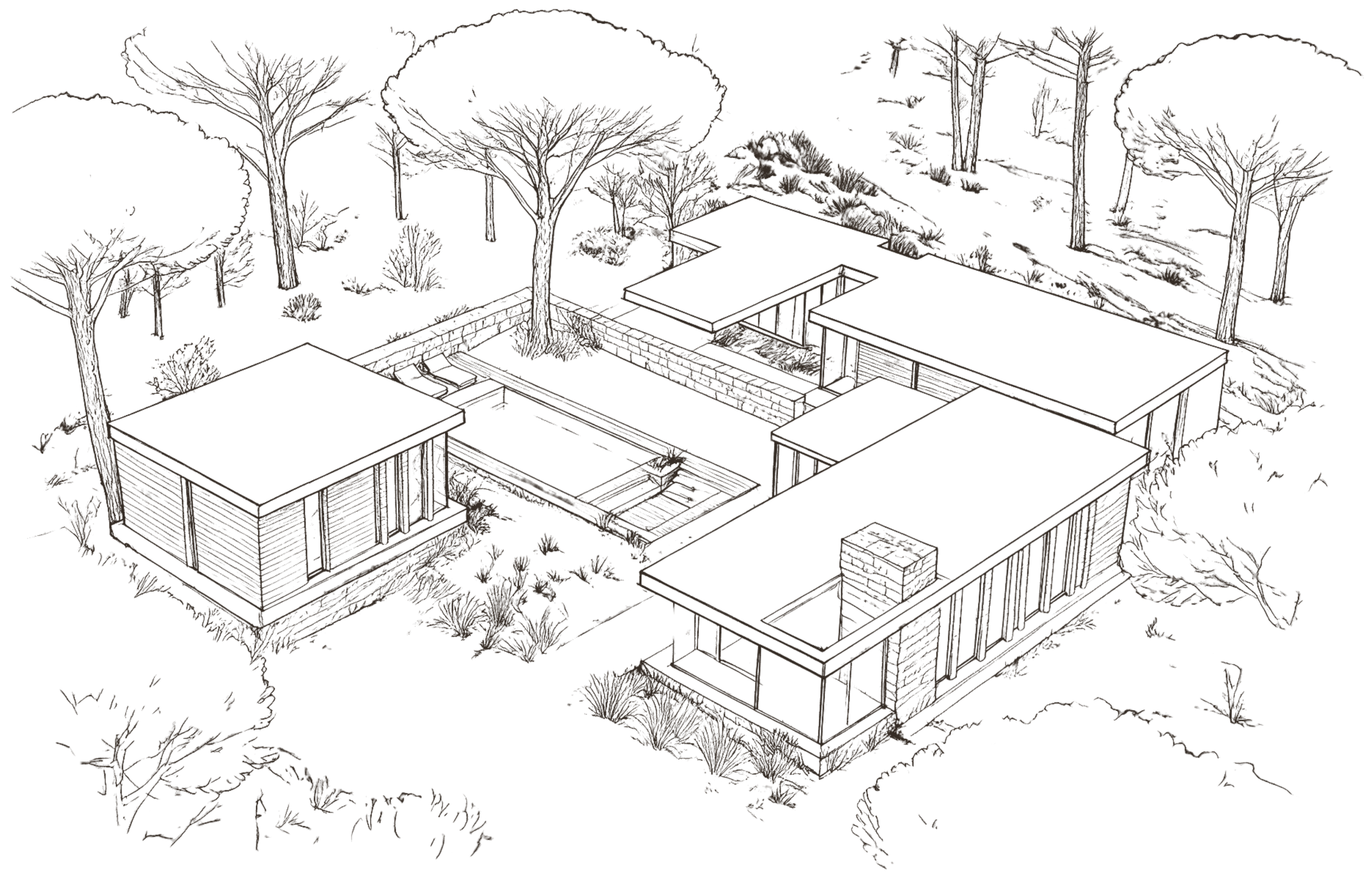 Desenho técnico em perspectiva de uma residência moderna cercada por árvores e vegetação, com detalhes de portas, janelas e móveis ao ar livre.
