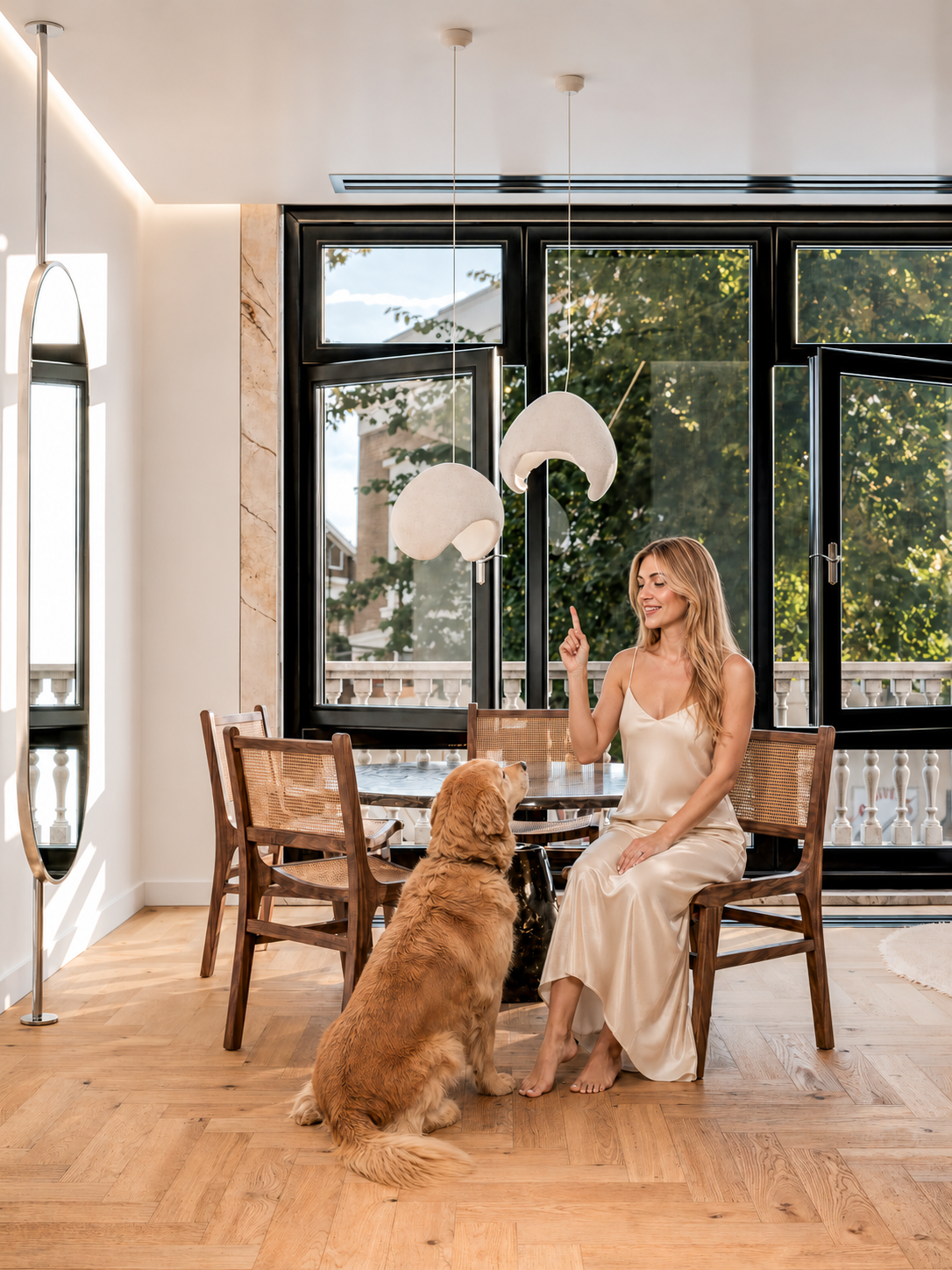 Mulher com vestido de seda sentada em uma sala moderna com janela grande, brincando com um cachorro Golden Retriever