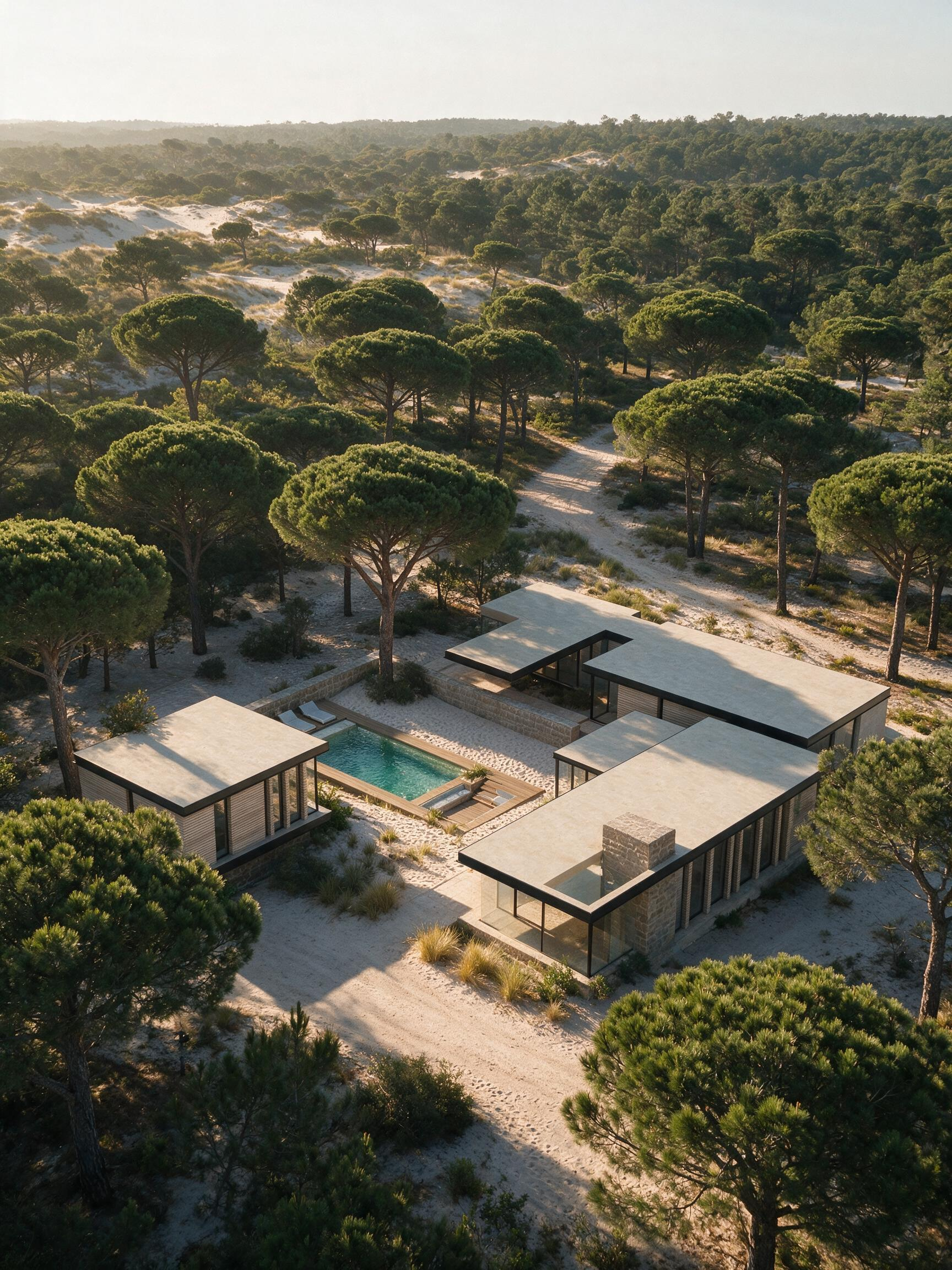 Visão aérea de uma área com árvores e casas modernas com piscinas, em um ambiente de natureza com areia e vegetação.