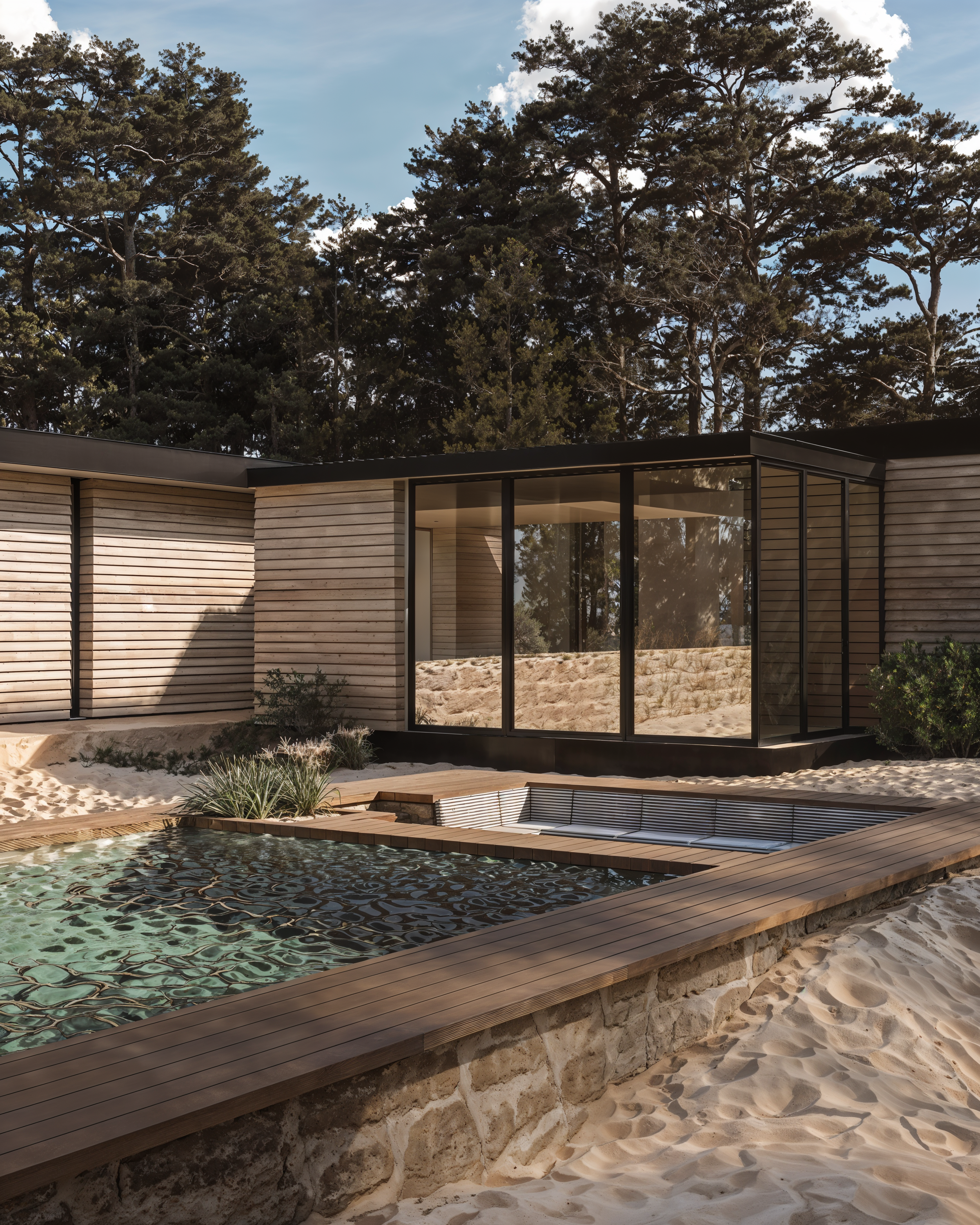 Casa moderna com estrutura de madeira e grande janela de vidro, localizada em uma área com árvores grandes ao fundo e um espaço de areia ao redor, incluindo uma piscina de pedra ao lado.