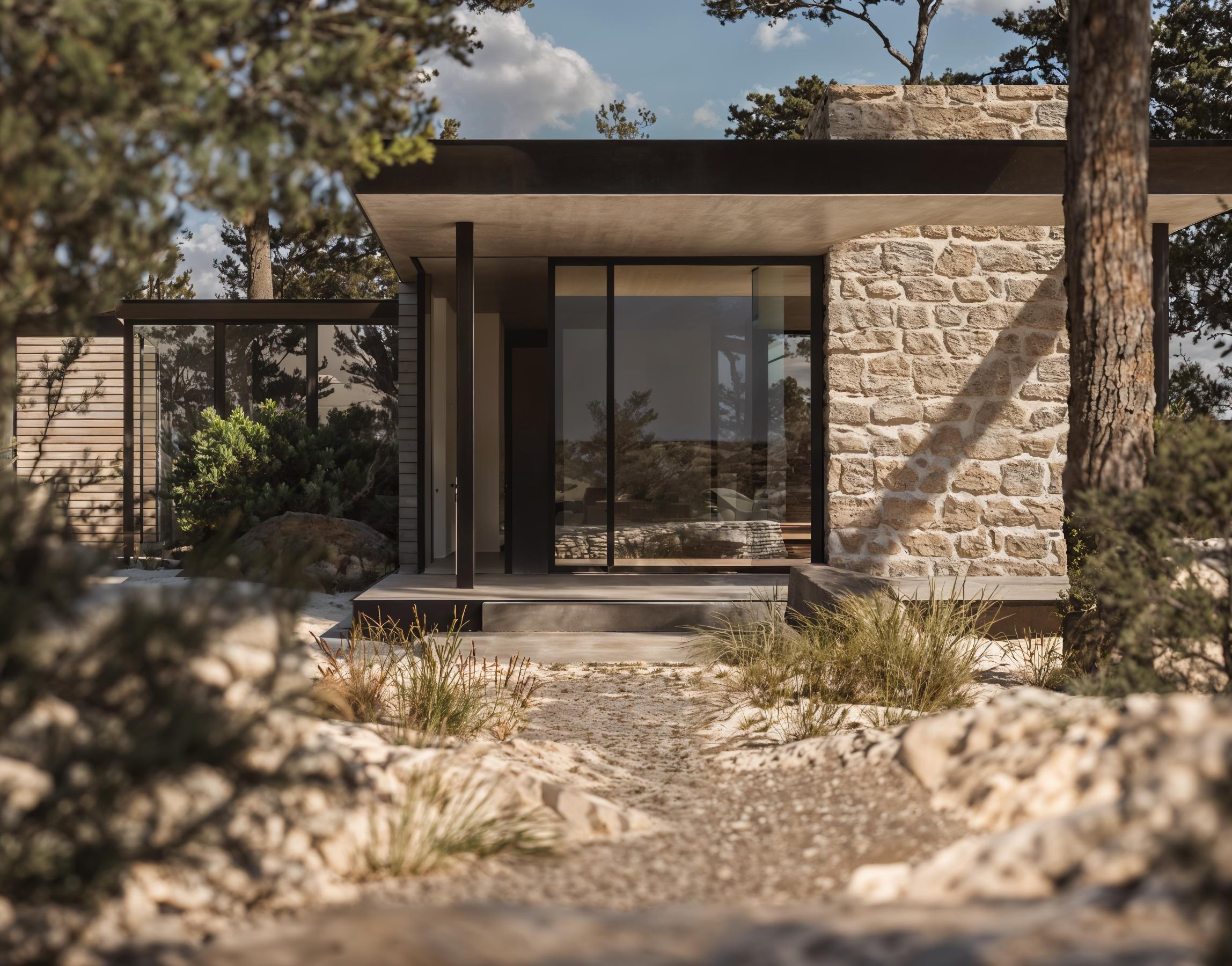 Imagem de uma casa moderna com uma fachada de parede de pedra, vista através de árvores e vegetação natural ao redor, sob céu parcialmente nublado.