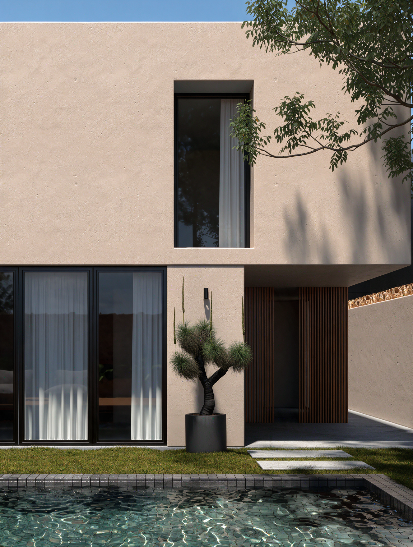 fachada moderna de casa com janela alta, plantas, árvore em vaso preto e piscina na frente
