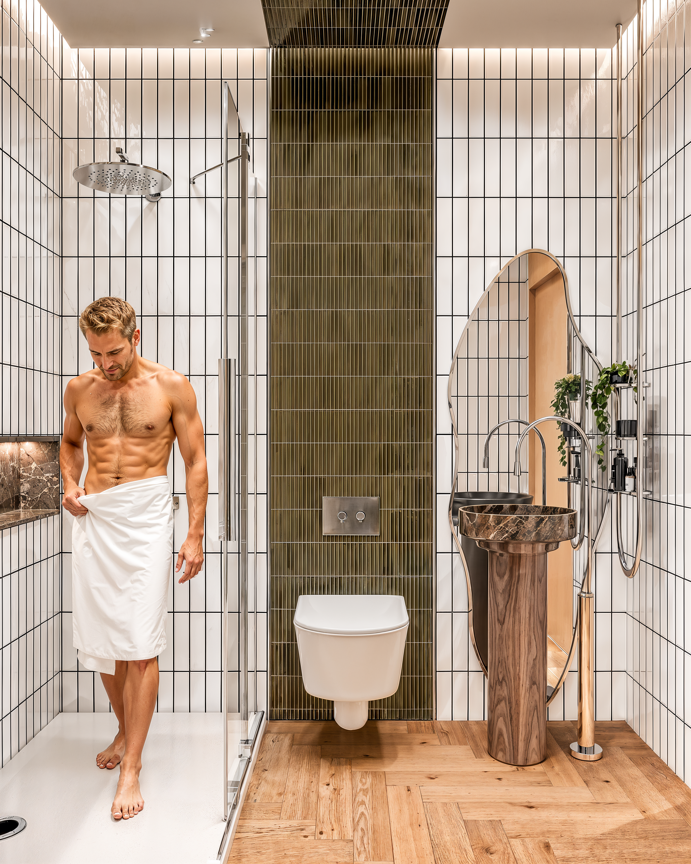 Homem sem camisa, com toalha na cintura, na cabine de um banheiro moderno, com paredes de azulejos brancos e uma divisória de vidro, ao lado de pia de madeira com vaso sanitário ao fundo, detalhes em dourado, plantas decorativas e piso de madeira.