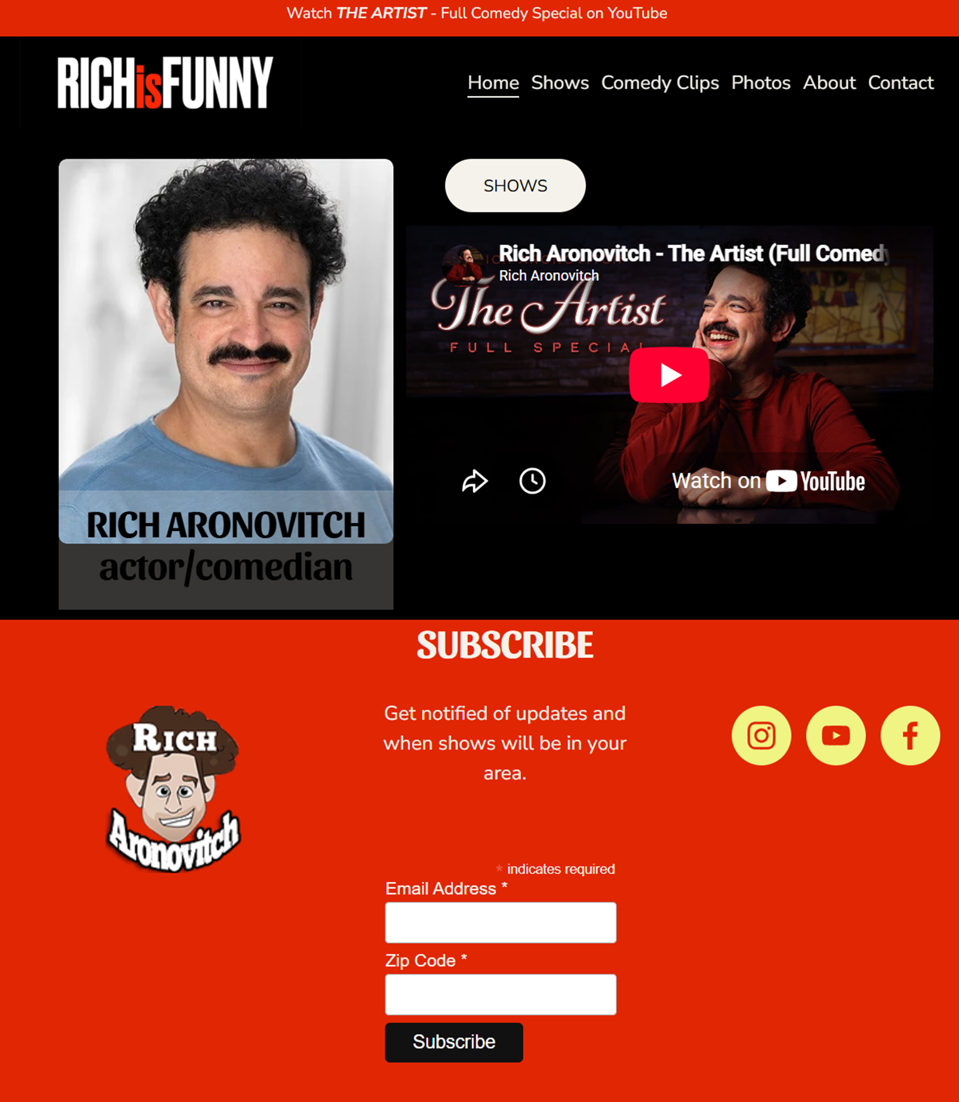 Screenshot of a website with a red background inviting users to subscribe via email for updates about comedy shows and performances by comedian Rich Aronovitch. The page features Rich Aronovitch's photo, a cartoon caricature of him, and social media icons for Instagram, YouTube, and Facebook.