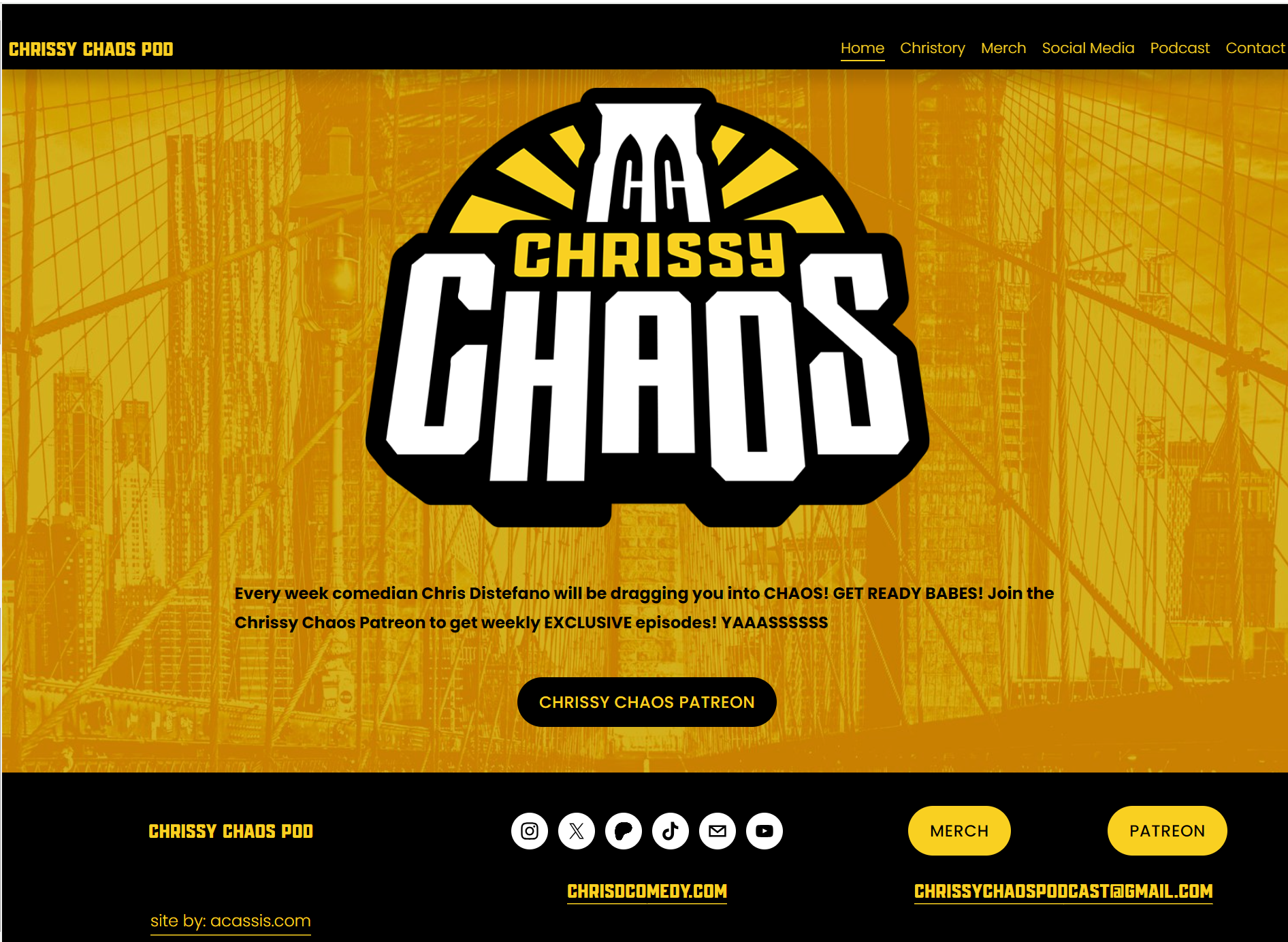 Screenshot of a website homepage for Chrissy Chaos Pod with a yellow and black color scheme featuring a cityscape background, a large logo with bold text, and navigation links at the top including Home, Christy, Merch, Social Media, Podcast, and Contact.