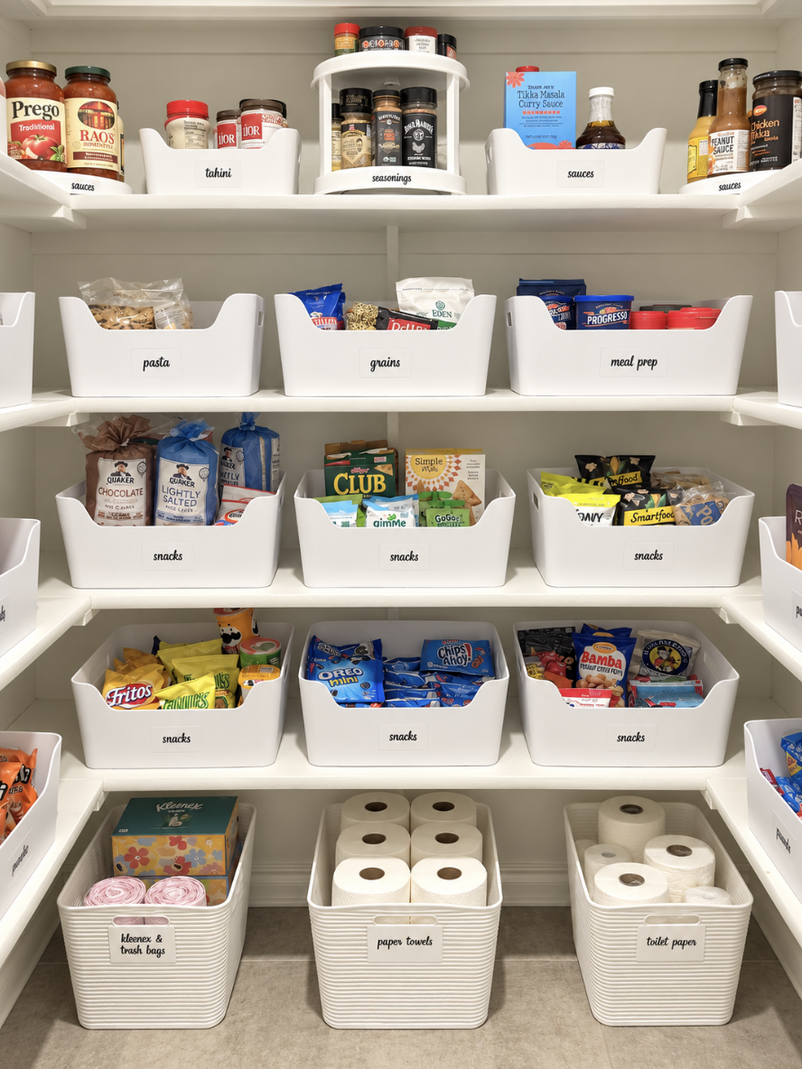 Organized pantry shelves featuring labeled white storage bins filled with snacks, grains, and pantry staples for easy access.