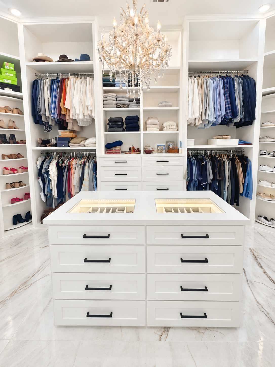 Luxury walk-in closet fully organized with color-coordinated clothing, neatly arranged shoes, custom white cabinetry, and a central storage island.