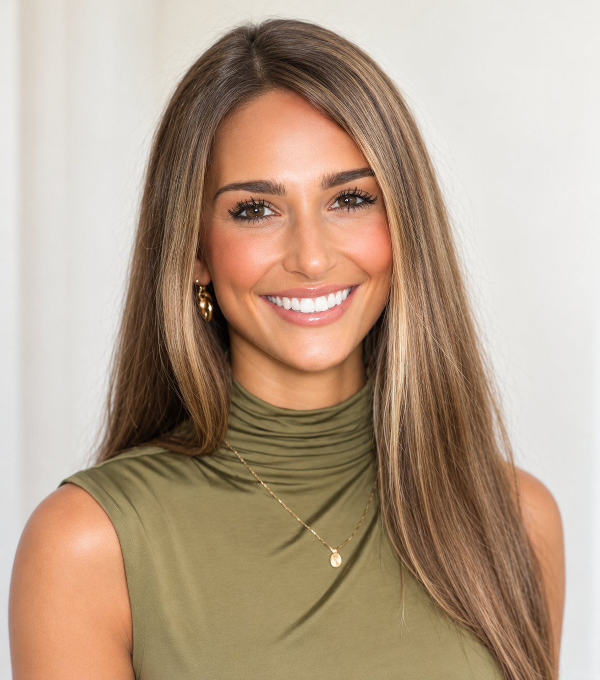 Megan, Lead Organizer at OrganizePro, smiling in an olive-green sleeveless top for her professional team portrait.